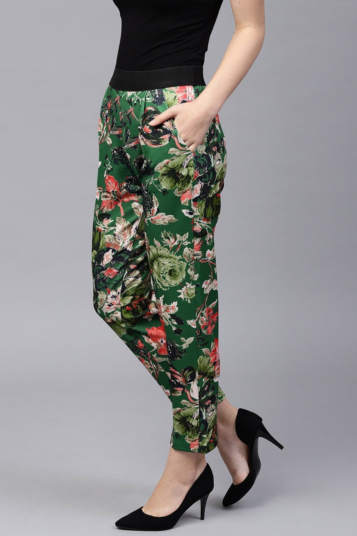 Women's Green Floral Scuba Tailored Pants - SASSAFRAS