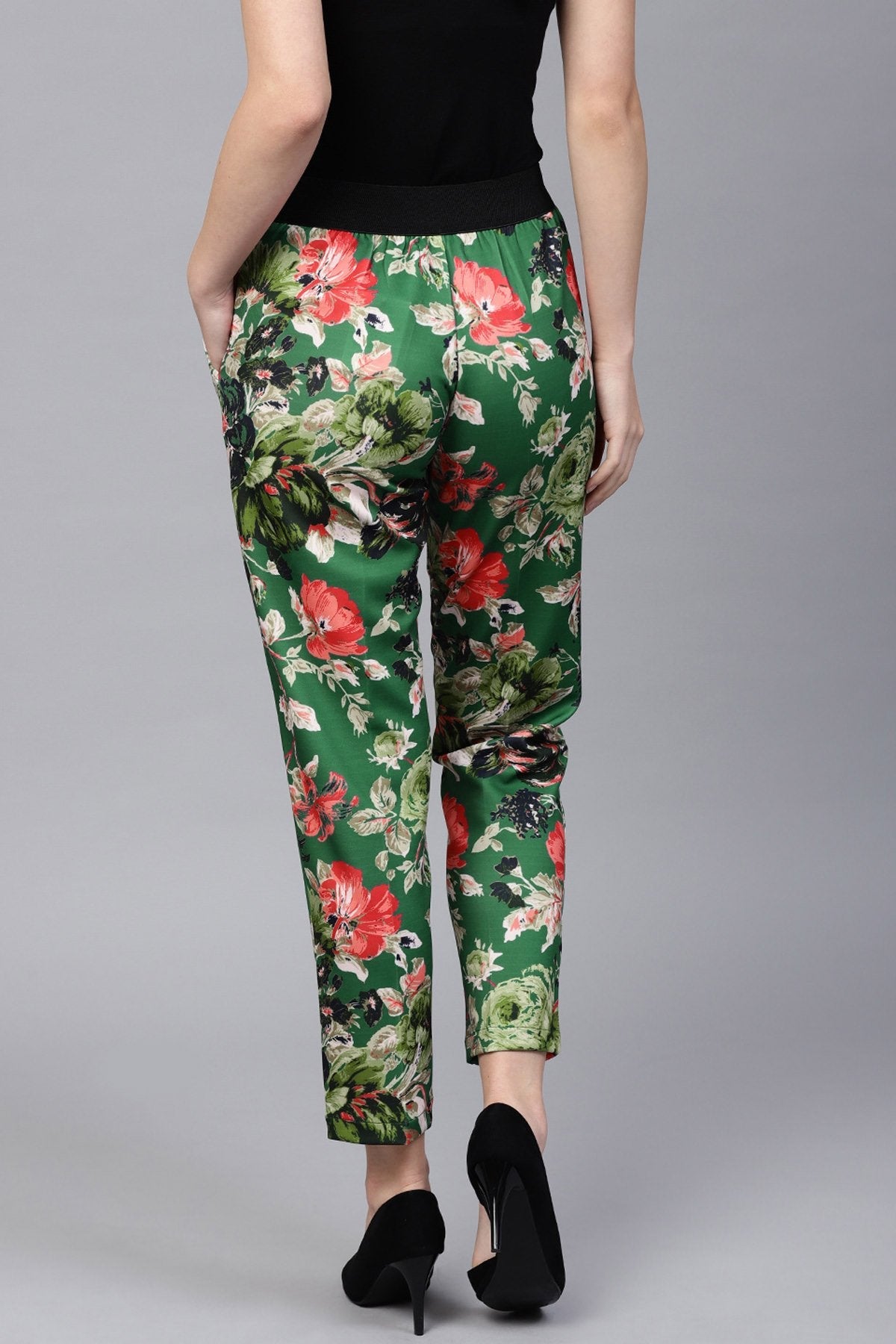 Women's Green Floral Scuba Tailored Pants - SASSAFRAS