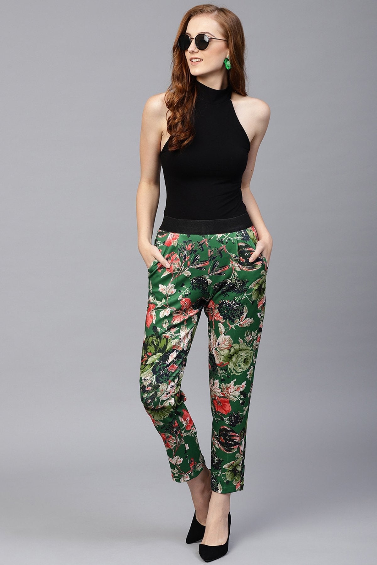 Women's Green Floral Scuba Tailored Pants - SASSAFRAS