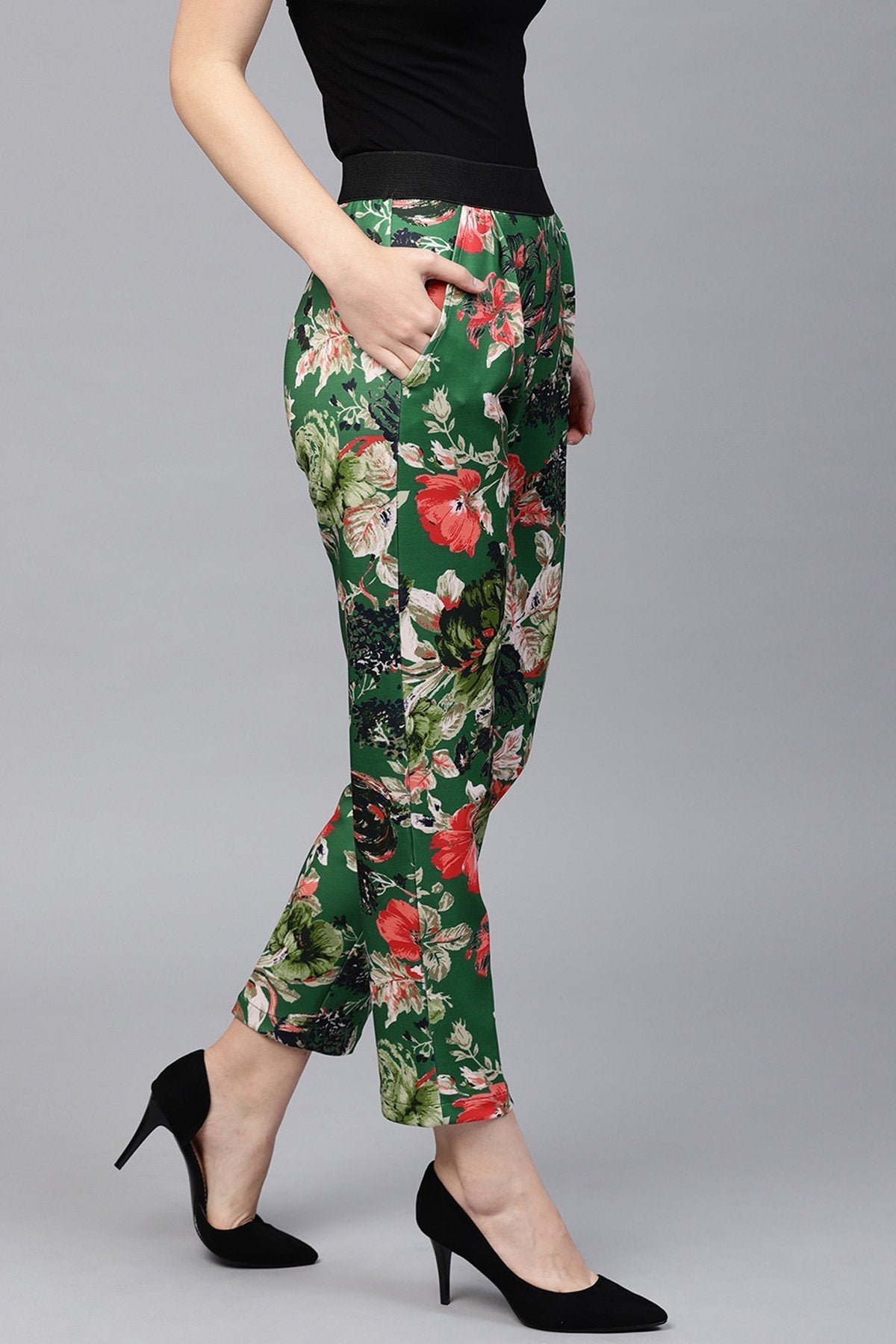 Women's Green Floral Scuba Tailored Pants - SASSAFRAS