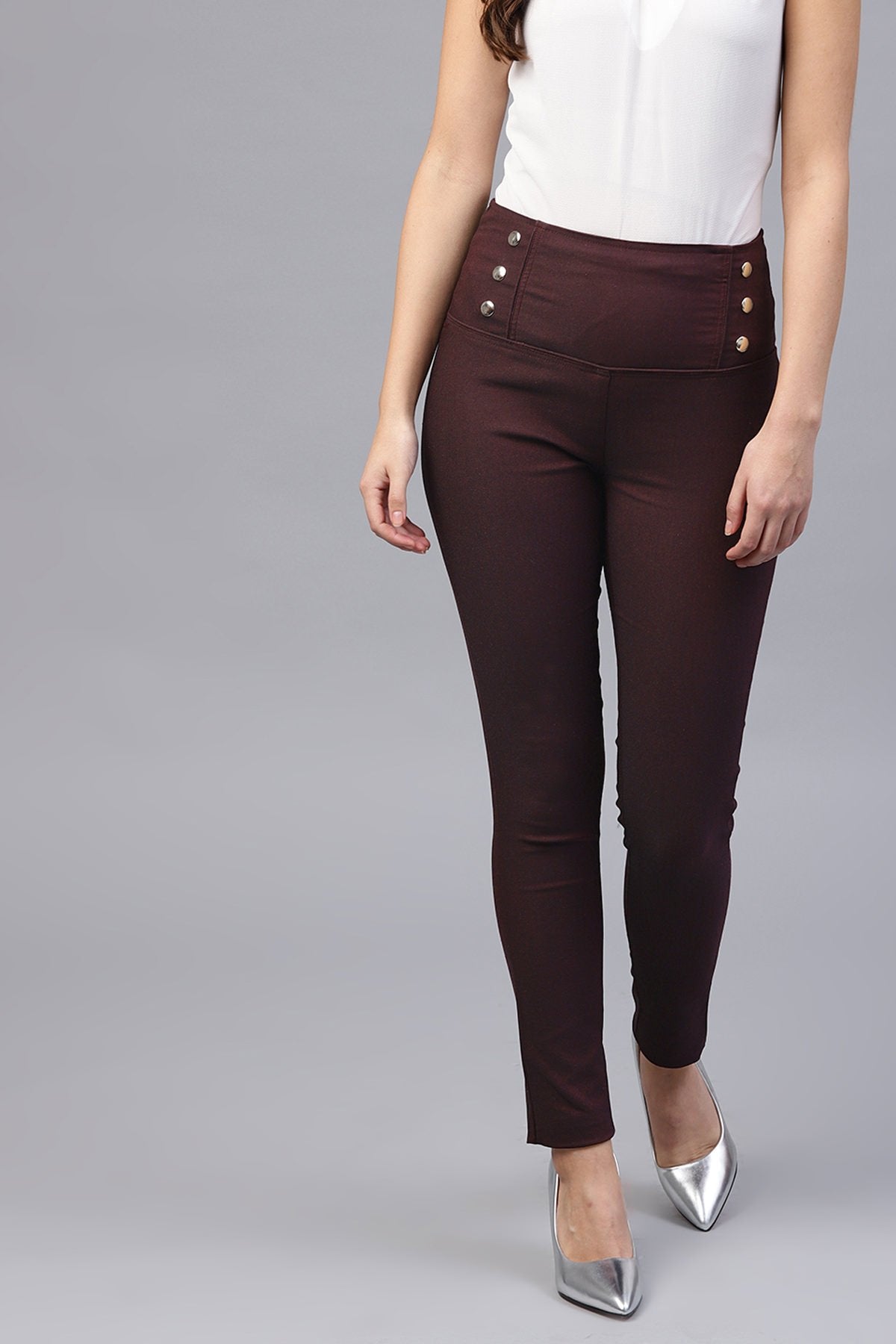 Women's Burgundy High Waisted Jeggings - SASSAFRAS