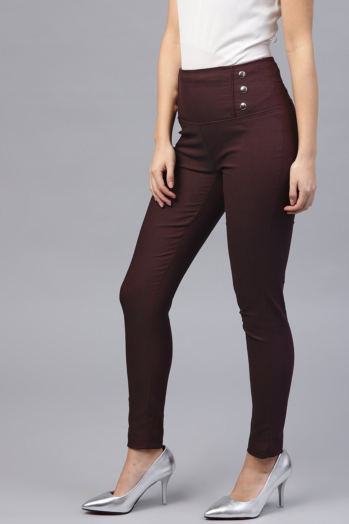 Women's Burgundy High Waisted Jeggings - SASSAFRAS