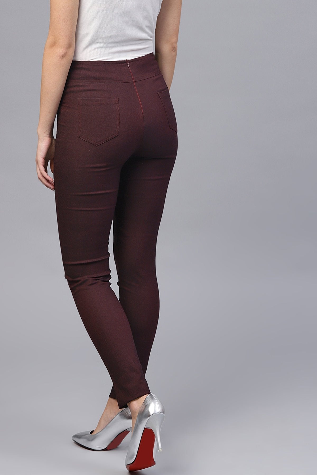 Women's Burgundy High Waisted Jeggings - SASSAFRAS