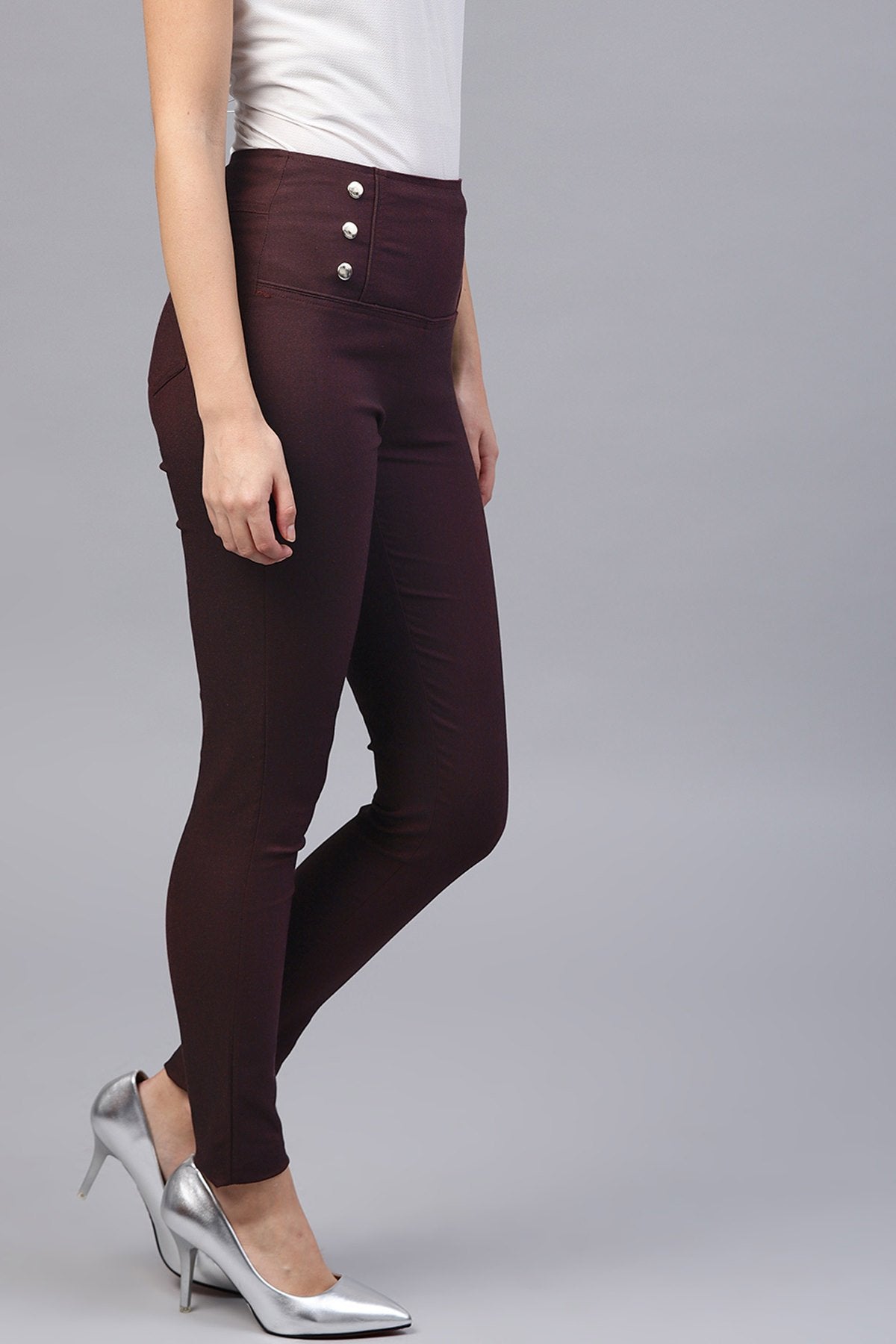 Women's Burgundy High Waisted Jeggings - SASSAFRAS