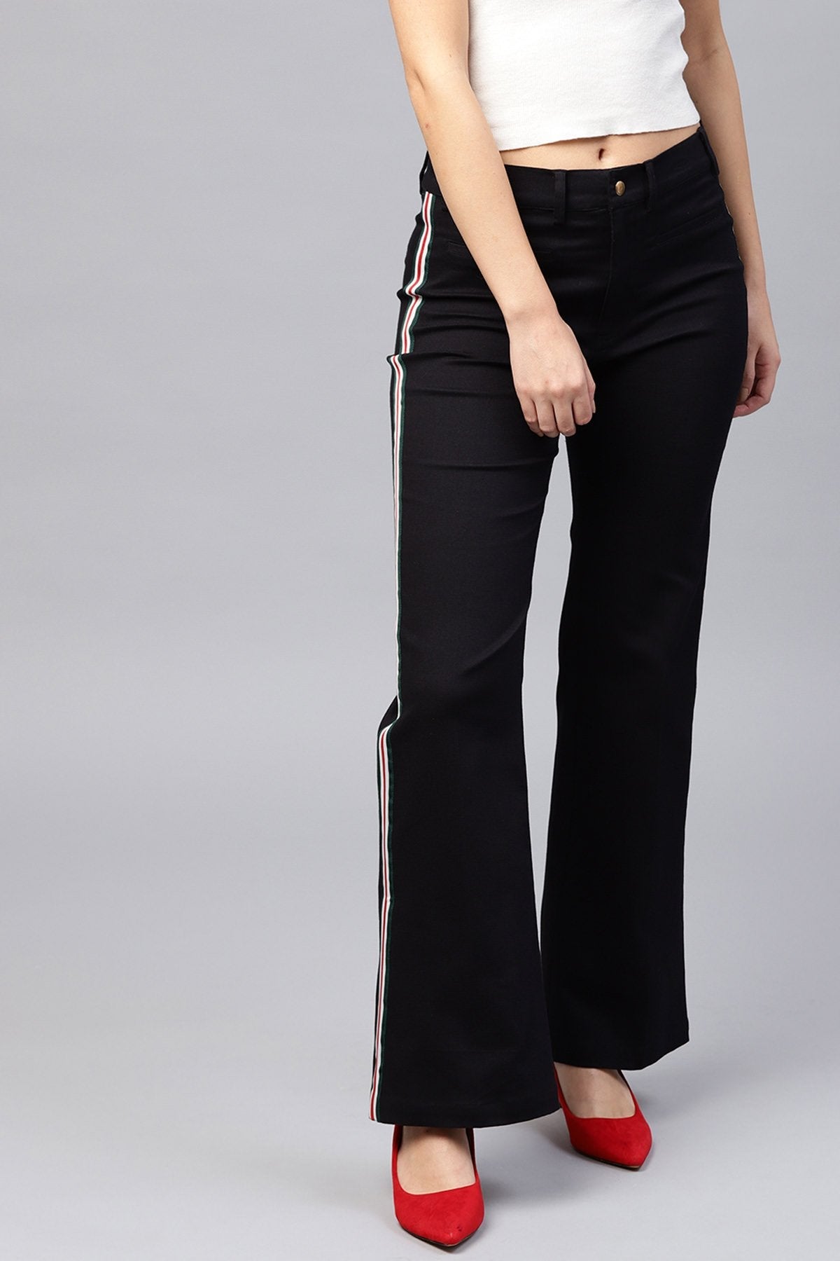 Women's Black Side Tape Bell Bottom Pants - SASSAFRAS