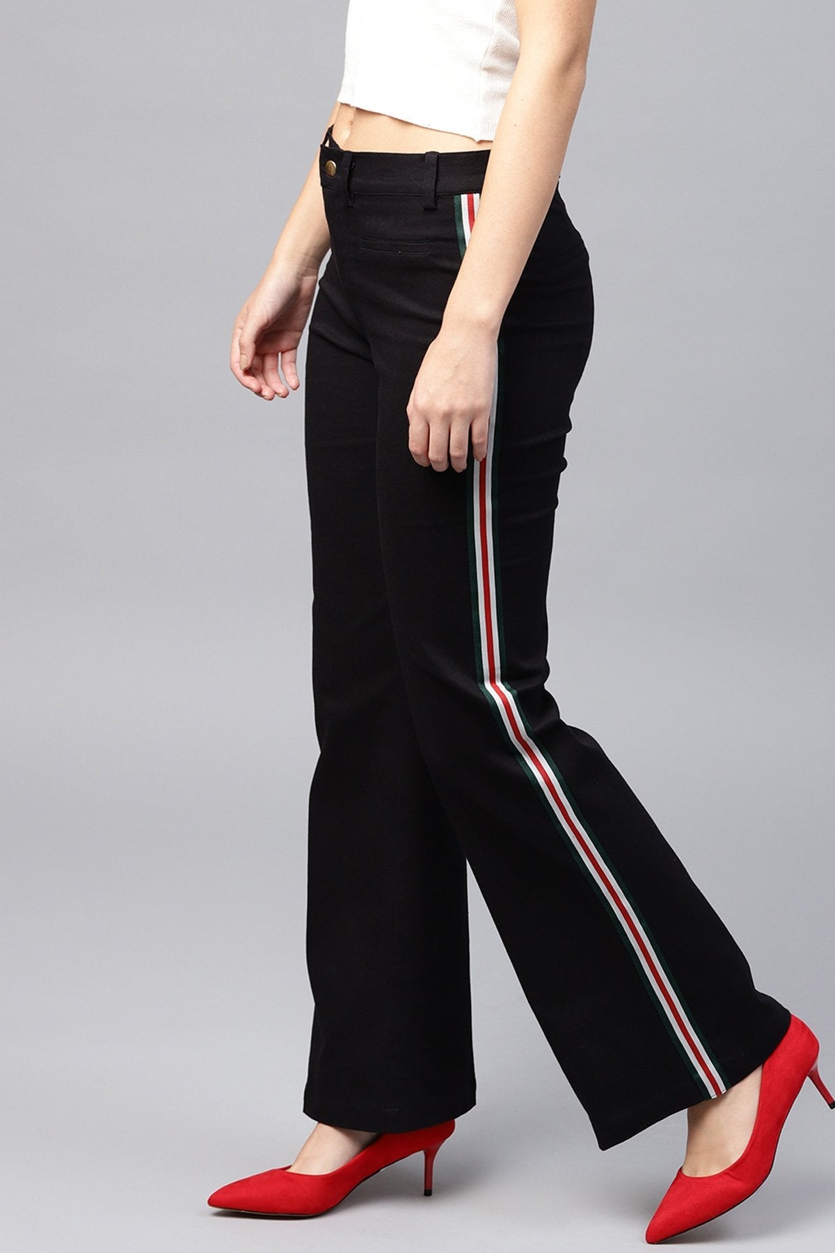 Women's Black Side Tape Bell Bottom Pants - SASSAFRAS