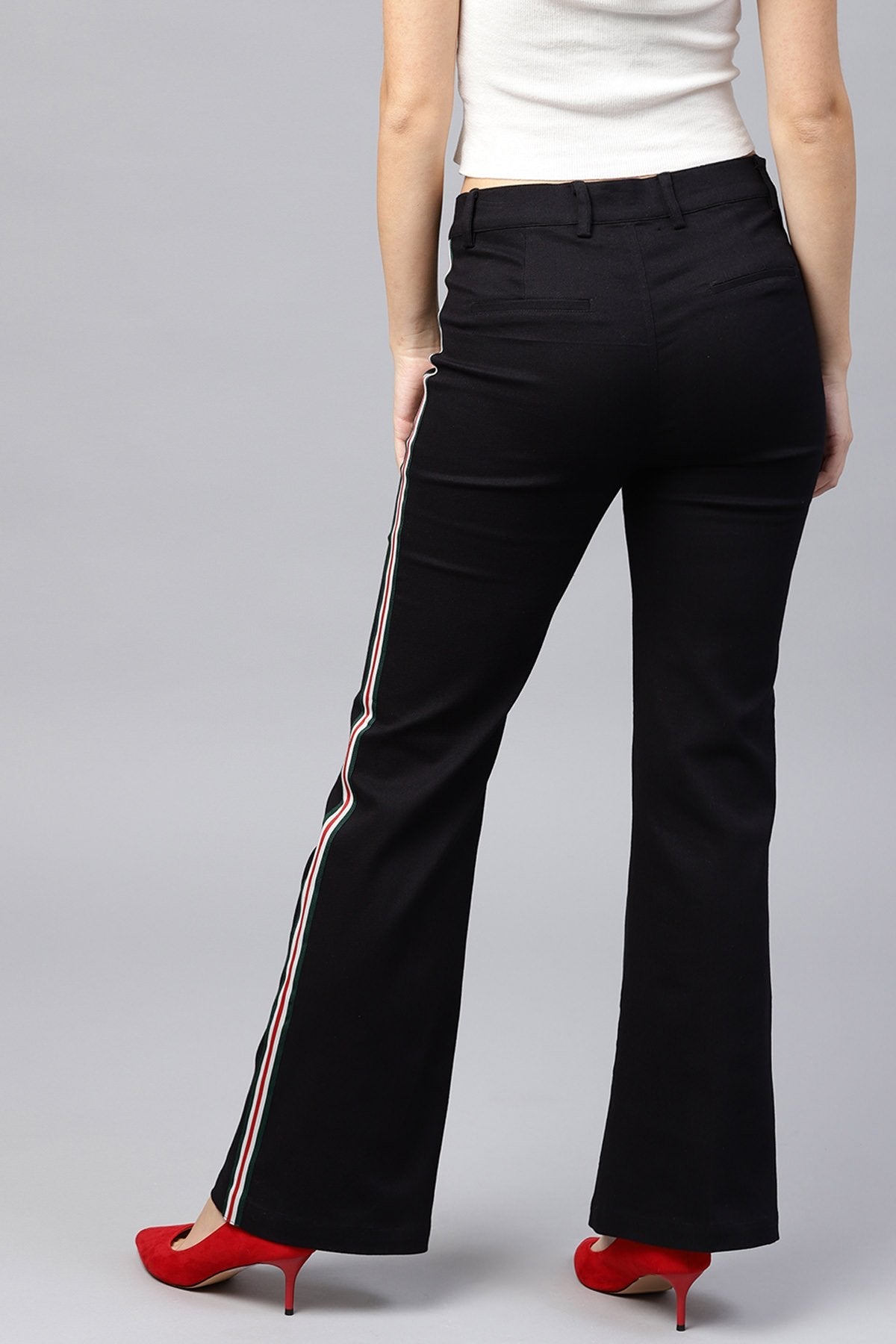 Women's Black Side Tape Bell Bottom Pants - SASSAFRAS