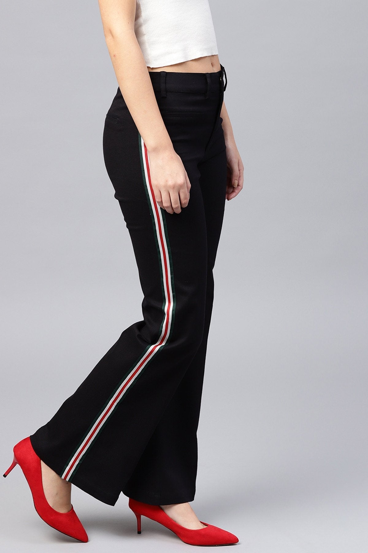 Women's Black Side Tape Bell Bottom Pants - SASSAFRAS