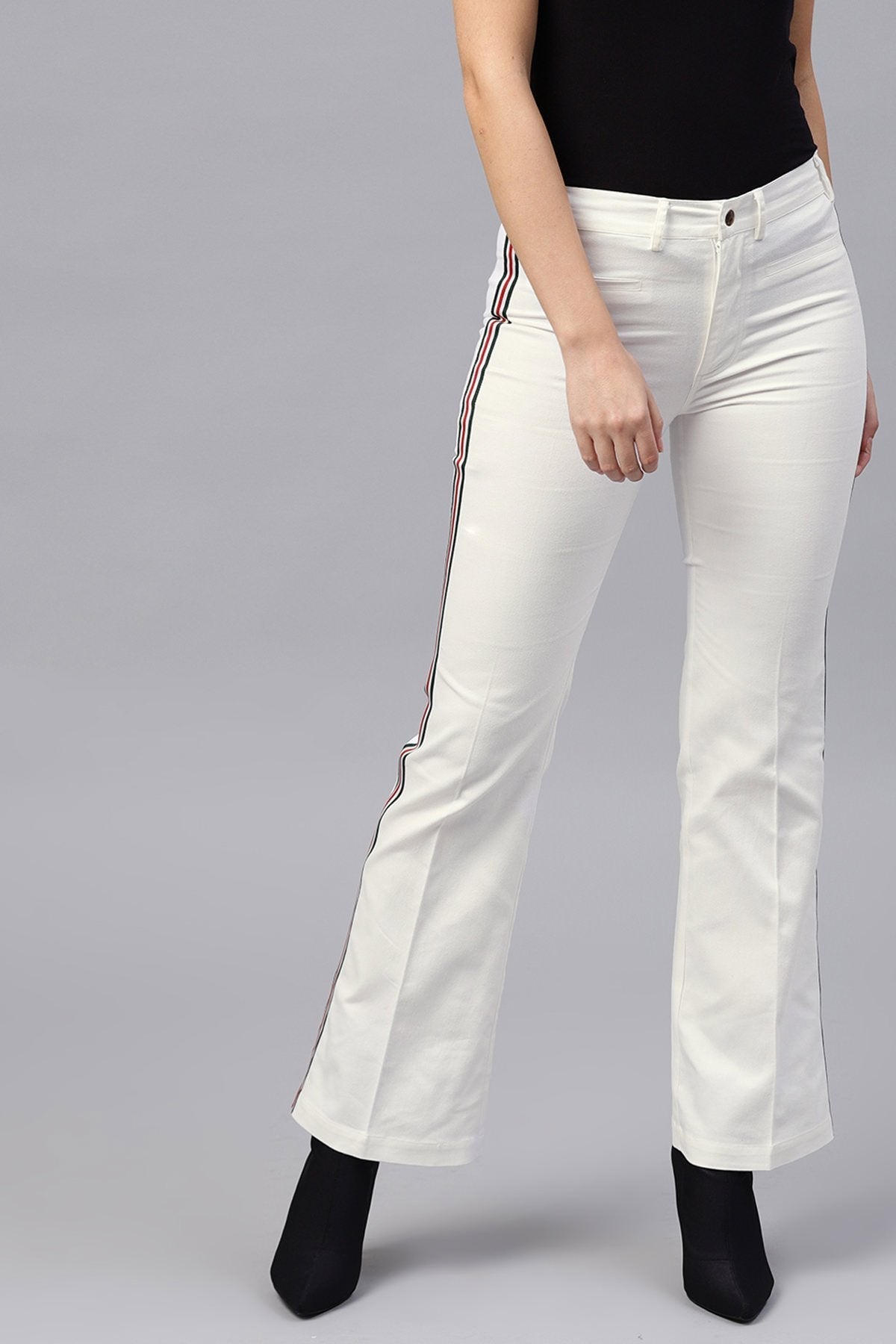 Women's White Side Tape Bell Bottom Pants - SASSAFRAS