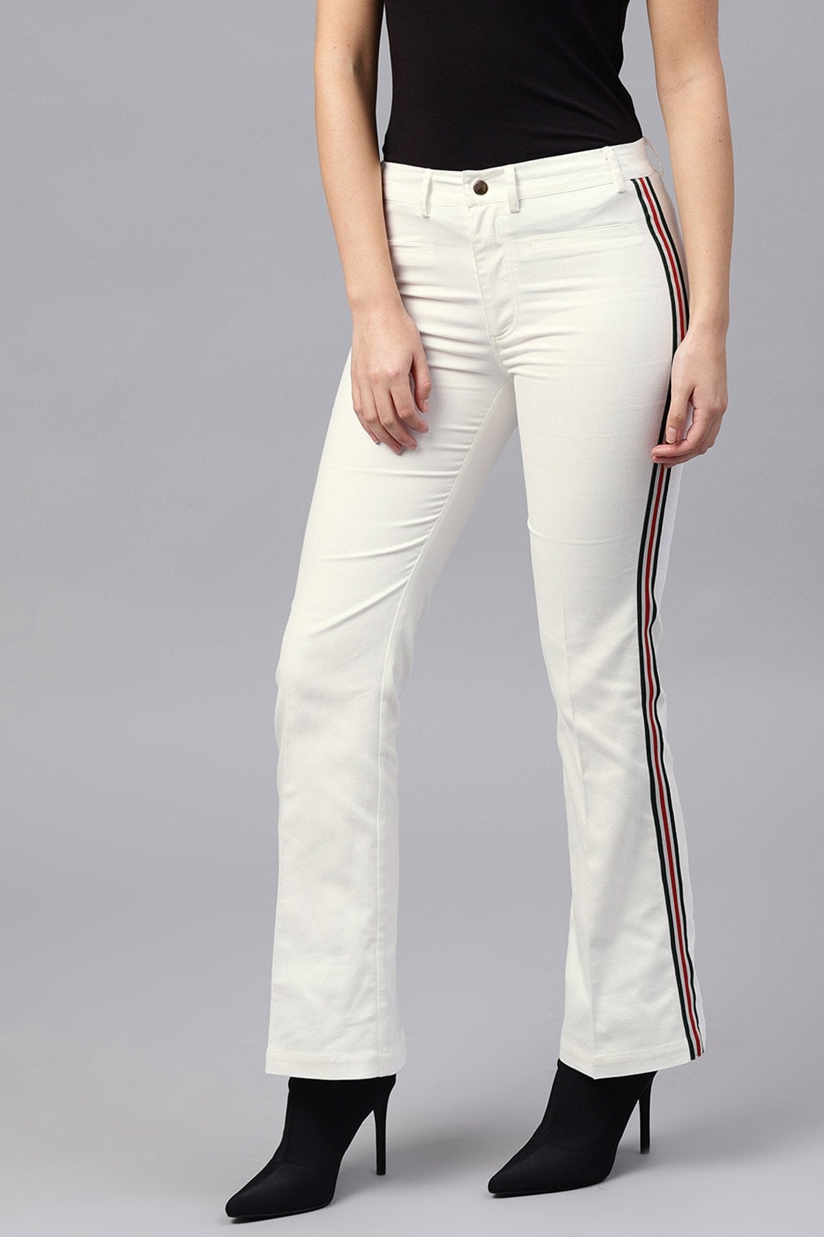 Women's White Side Tape Bell Bottom Pants - SASSAFRAS