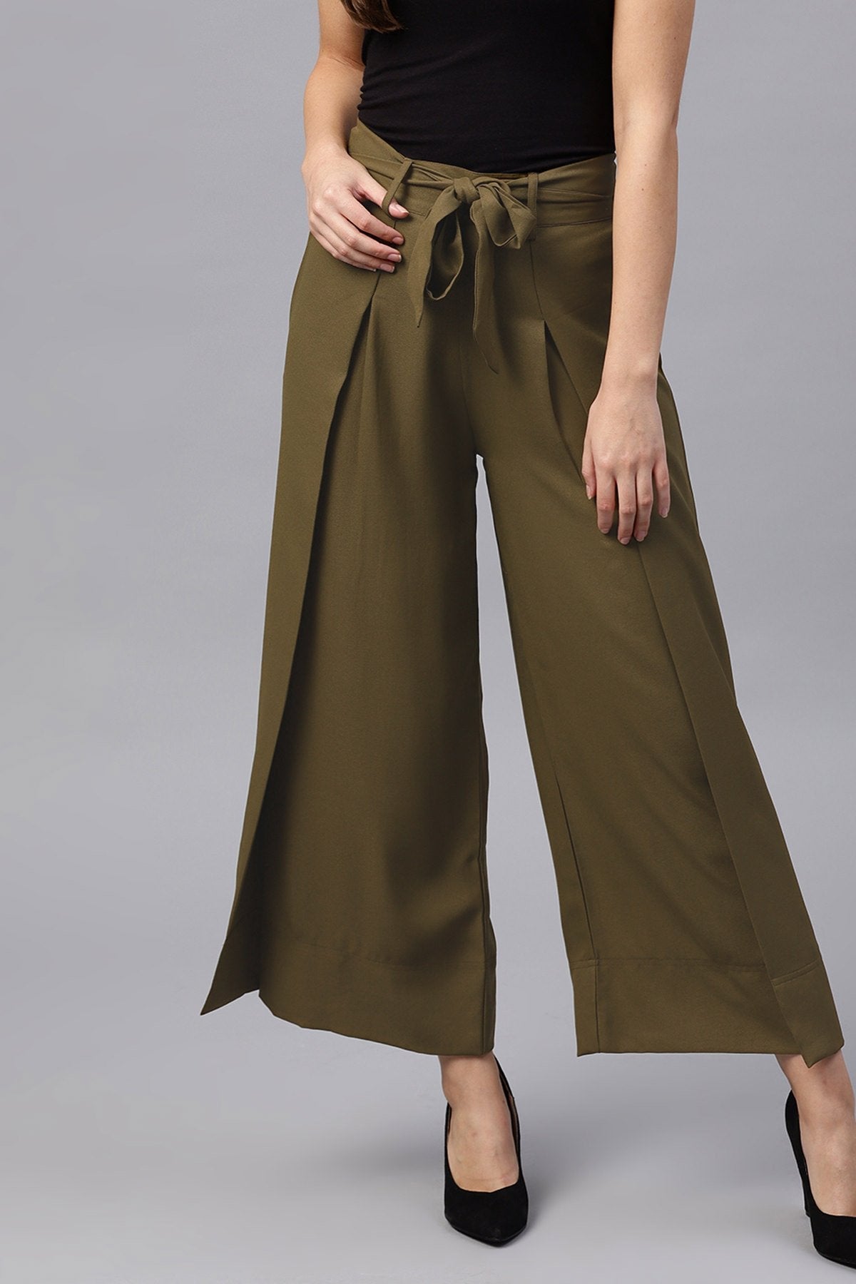 Women's Olive Wrap Belted Pants - SASSAFRAS