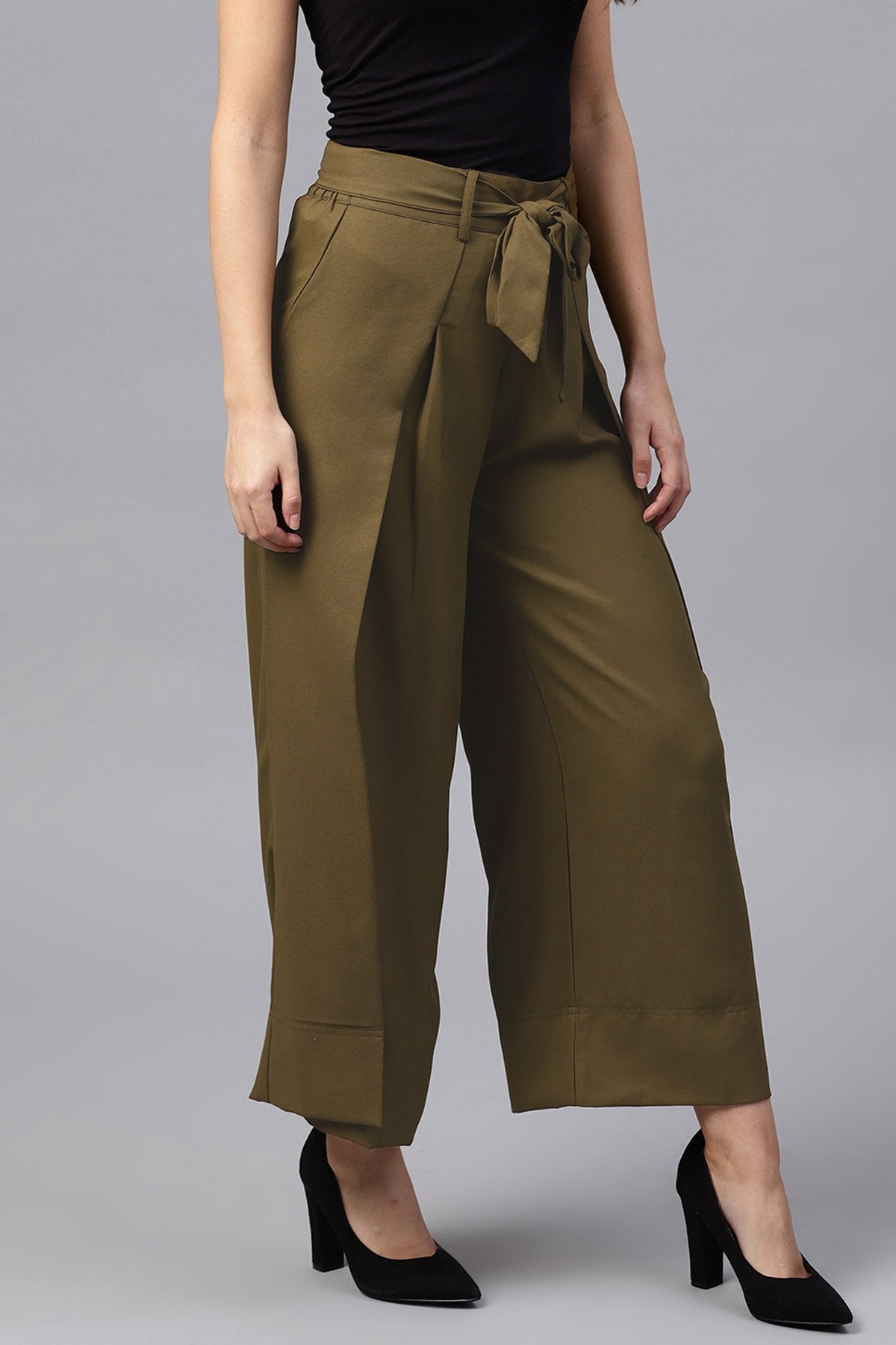 Women's Olive Wrap Belted Pants - SASSAFRAS