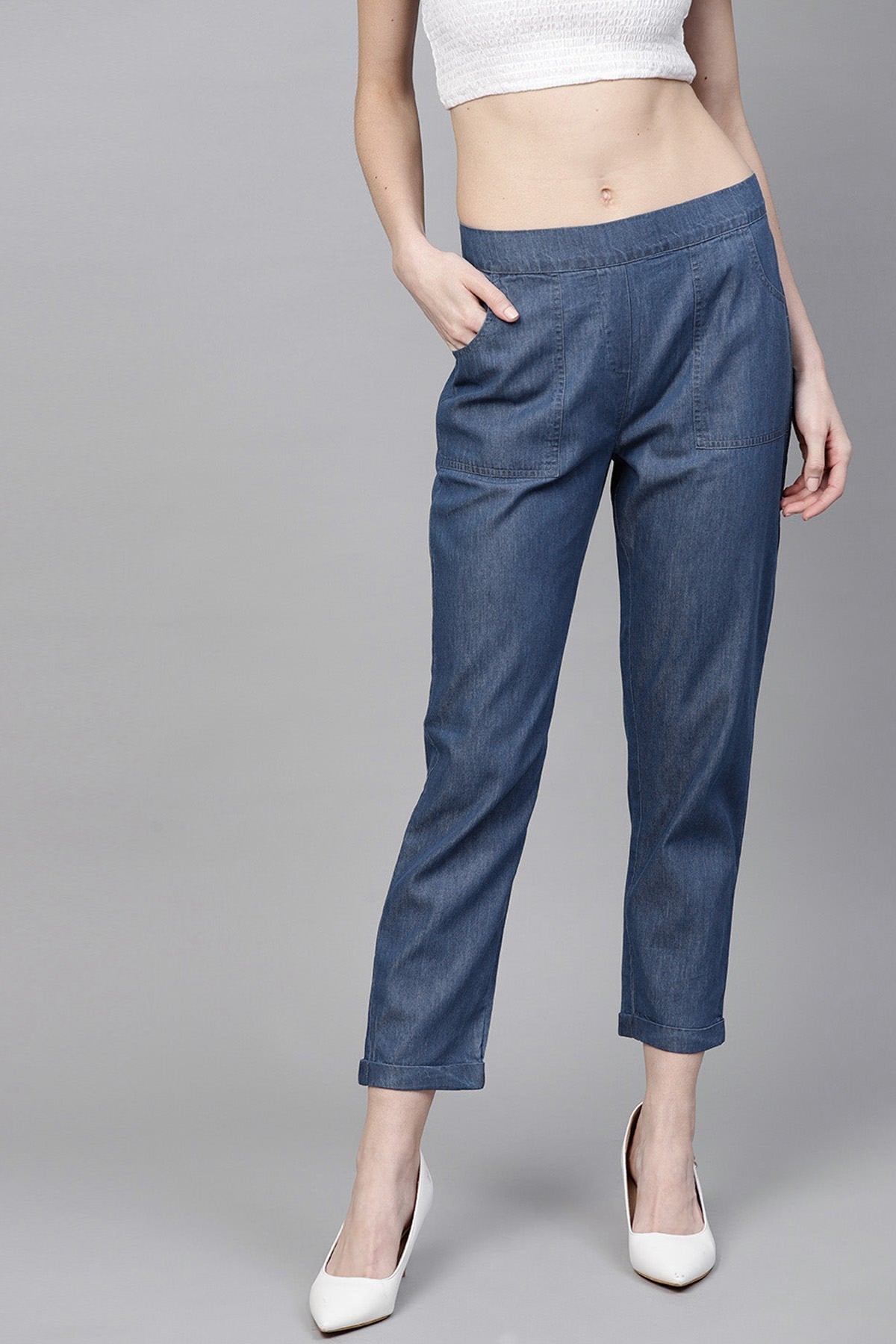 Women's Blue Denim Tapered Roll-Up Pants - SASSAFRAS