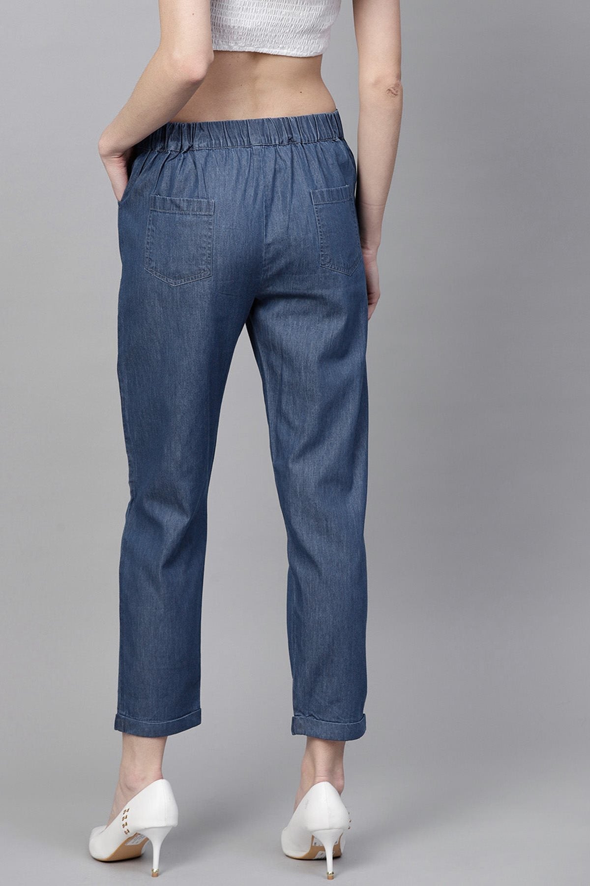 Women's Blue Denim Tapered Roll-Up Pants - SASSAFRAS