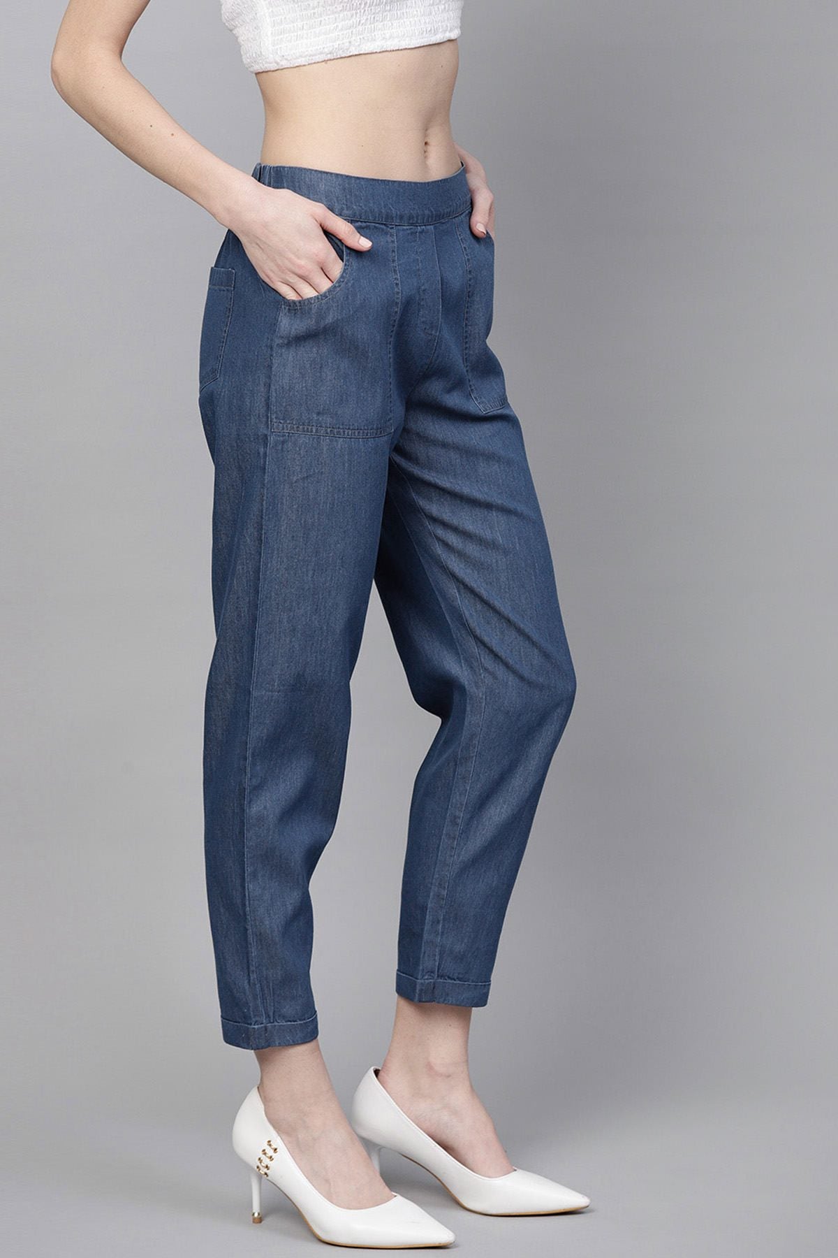 Women's Blue Denim Tapered Roll-Up Pants - SASSAFRAS