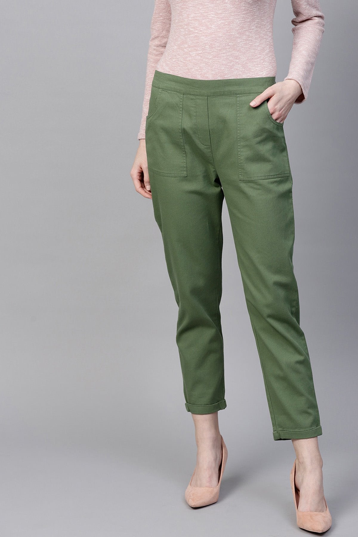 Women's Olive Denim Tapered Roll-Up Pants - SASSAFRAS