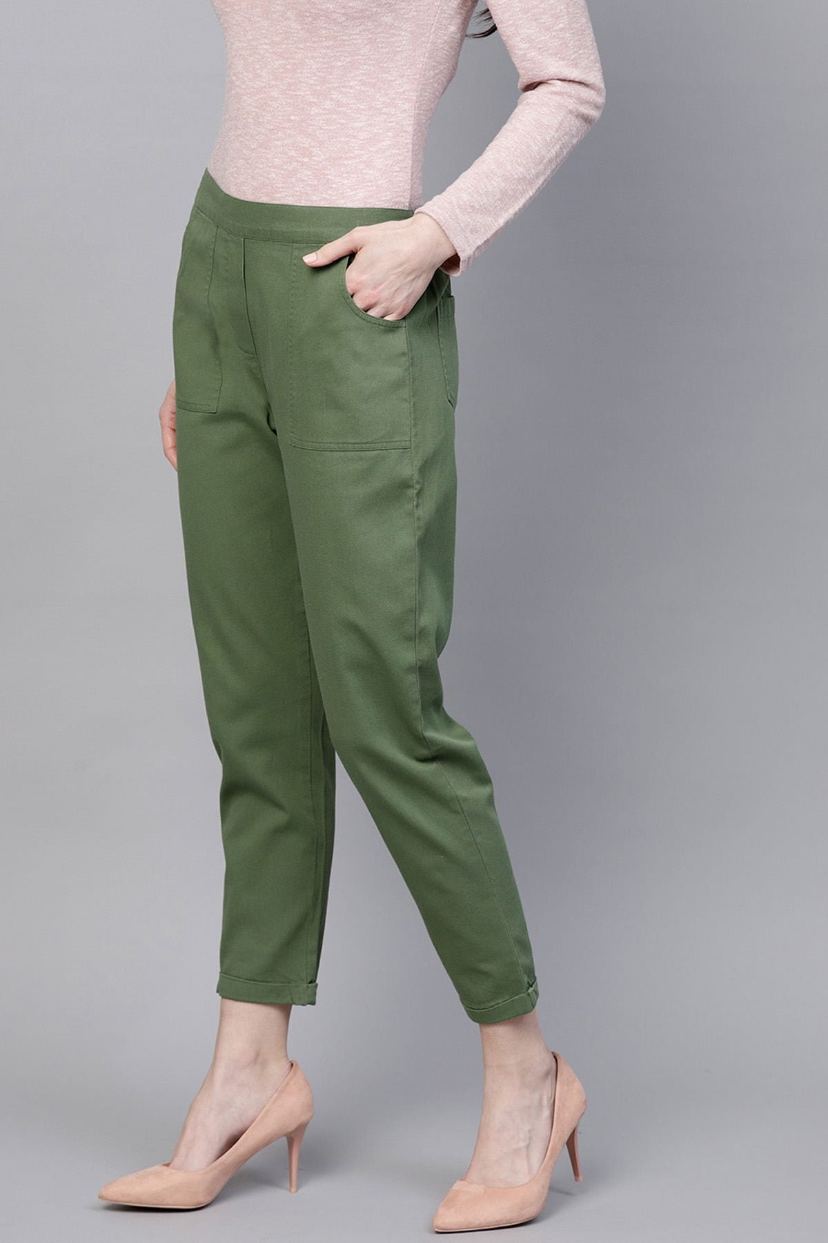 Women's Olive Denim Tapered Roll-Up Pants - SASSAFRAS