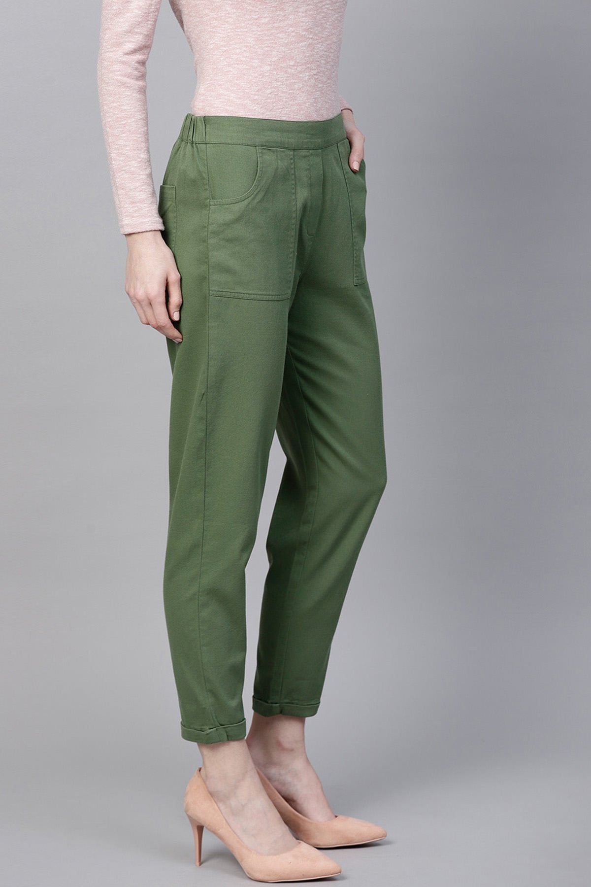 Women's Olive Denim Tapered Roll-Up Pants - SASSAFRAS