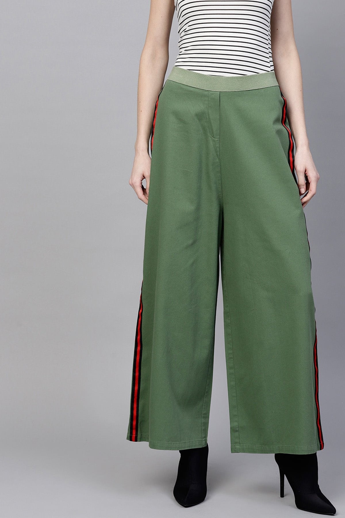 Women's Olive Denim Side Tape Pants - SASSAFRAS