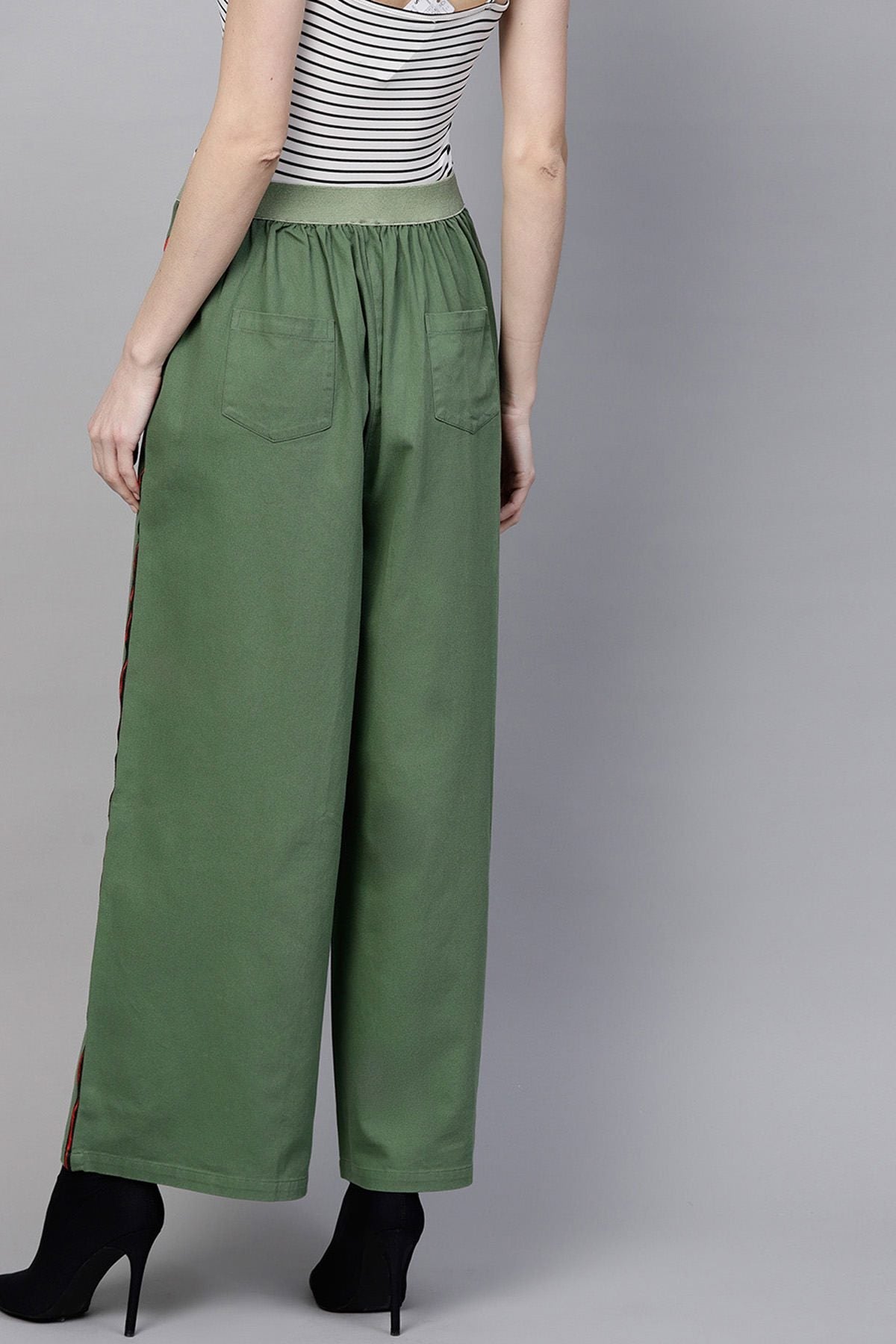 Women's Olive Denim Side Tape Pants - SASSAFRAS