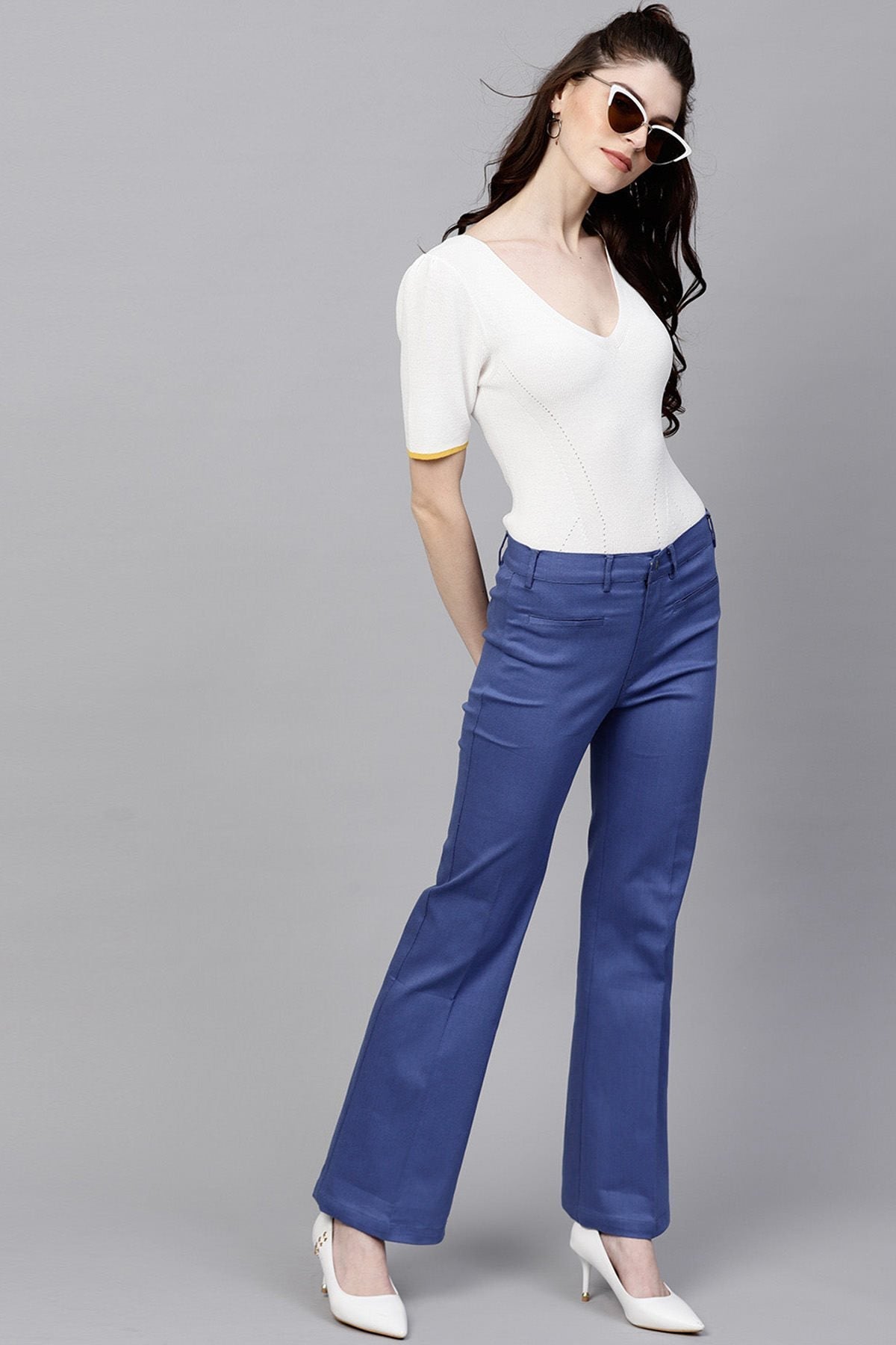 Women's Blue Cotton Twill Bell Bottom Pant - SASSAFRAS