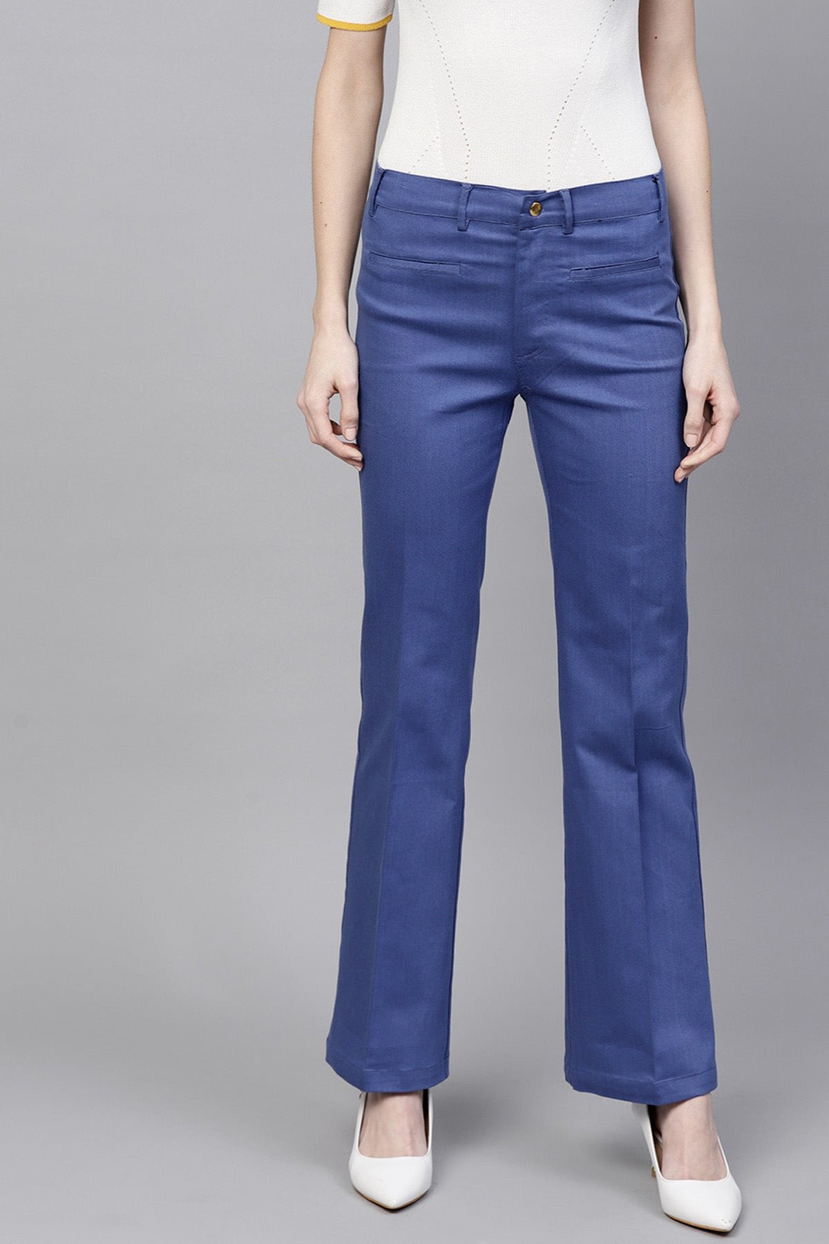 Women's Blue Cotton Twill Bell Bottom Pant - SASSAFRAS