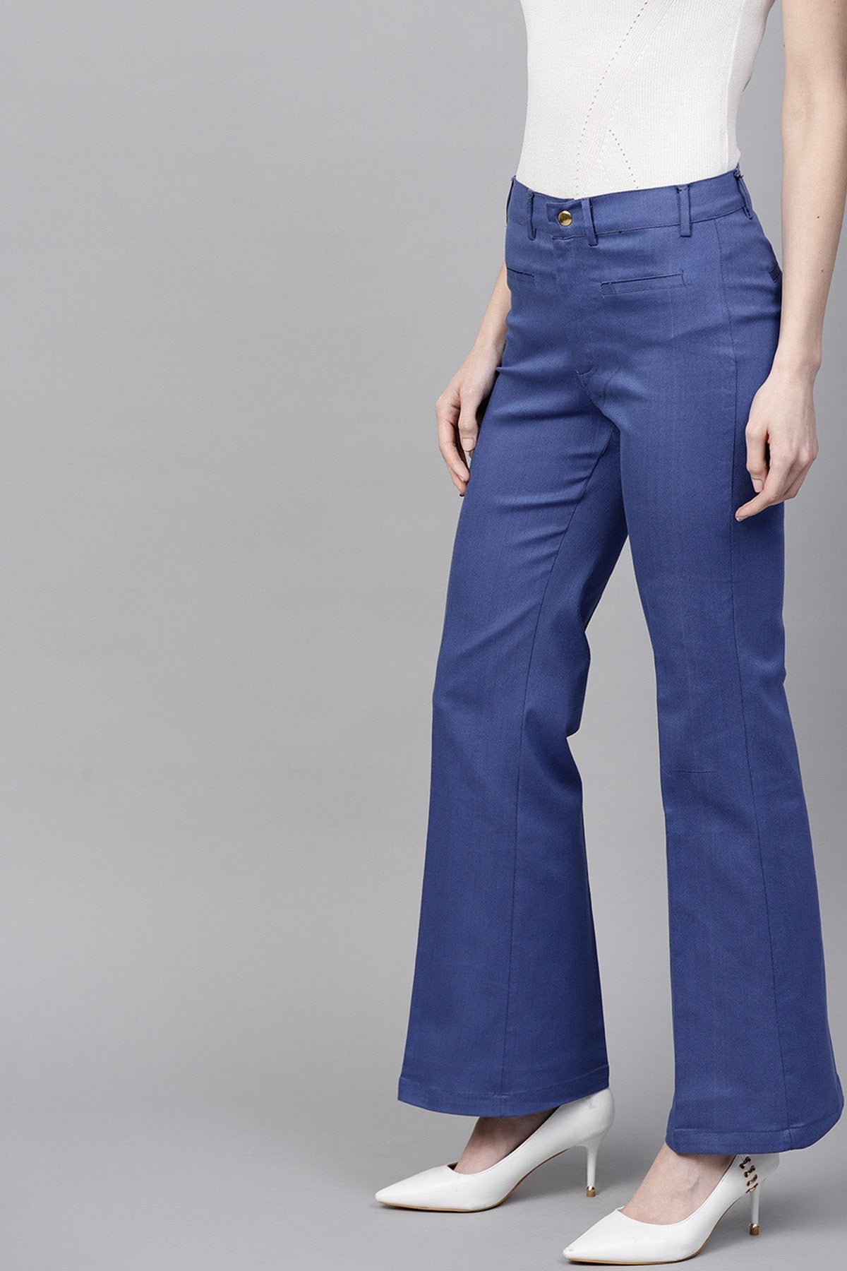 Women's Blue Cotton Twill Bell Bottom Pant - SASSAFRAS