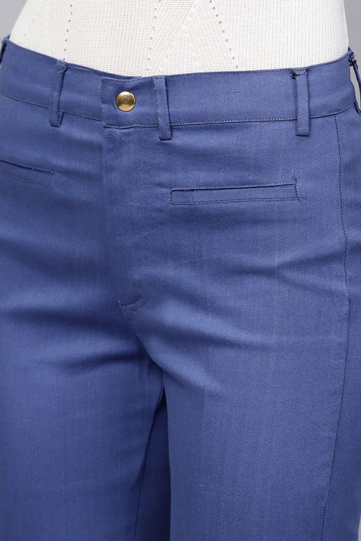 Women's Blue Cotton Twill Bell Bottom Pant - SASSAFRAS