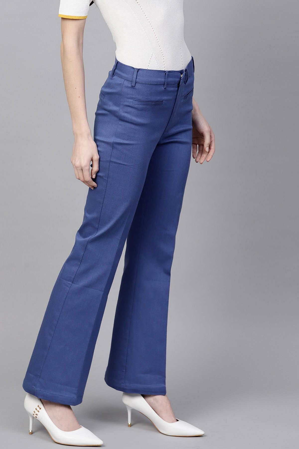 Women's Blue Cotton Twill Bell Bottom Pant - SASSAFRAS