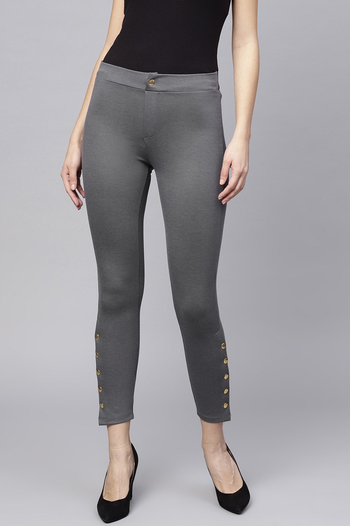 Women's Grey Side Button Jeggings - SASSAFRAS