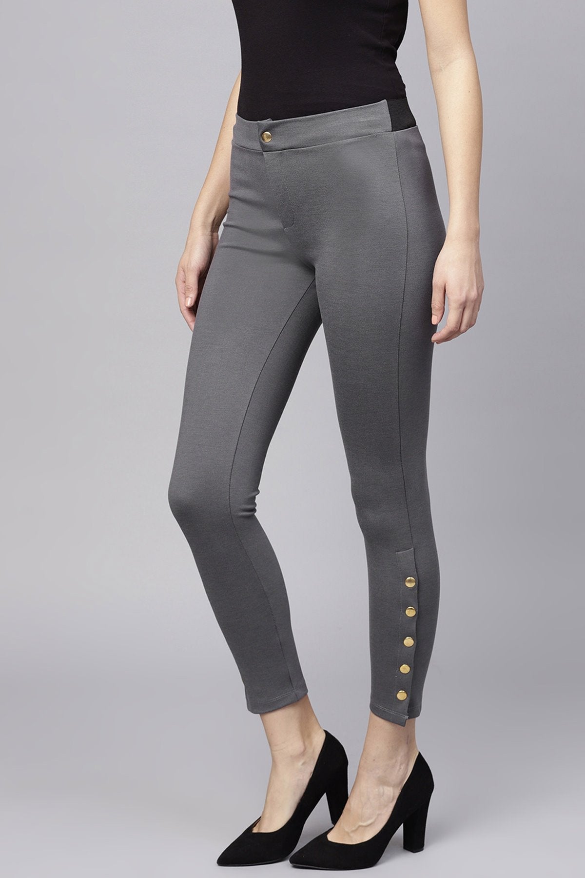 Women's Grey Side Button Jeggings - SASSAFRAS