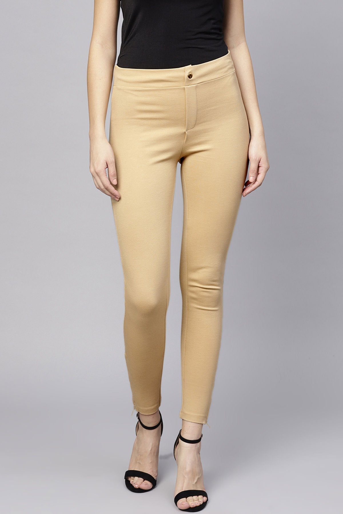 Women's Beige Zipper Hem Jeggings - SASSAFRAS