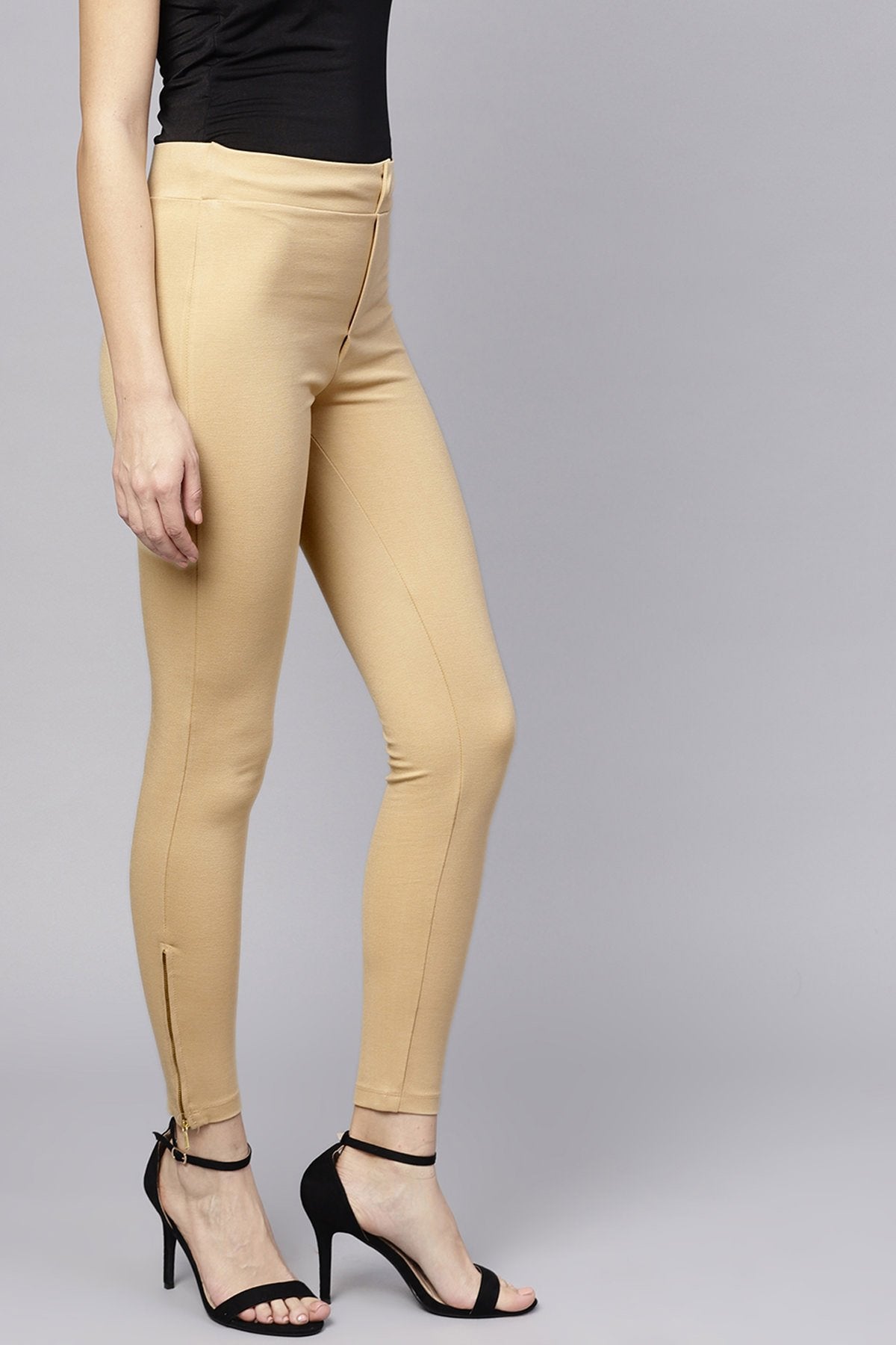 Women's Beige Zipper Hem Jeggings - SASSAFRAS