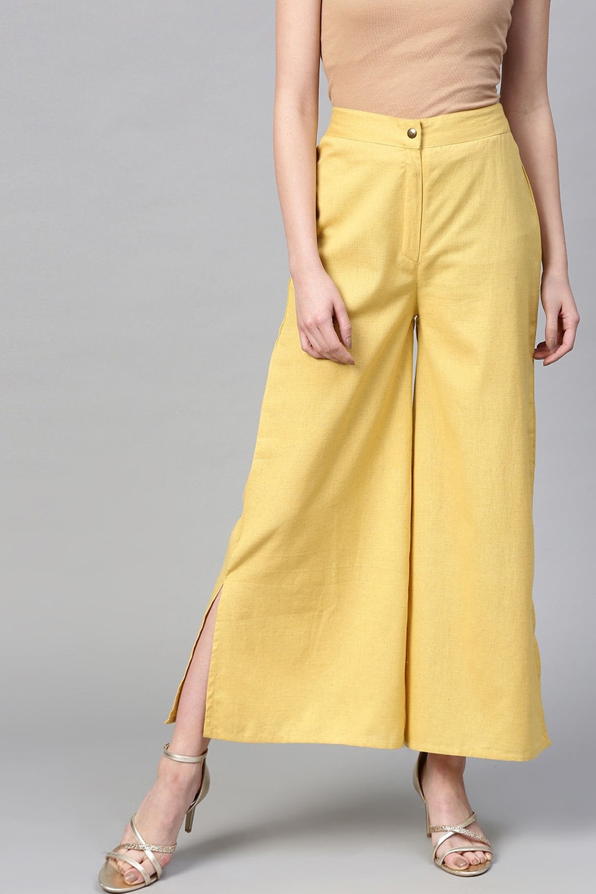 Women's Yellow Side Slit Flared Pants - SASSAFRAS