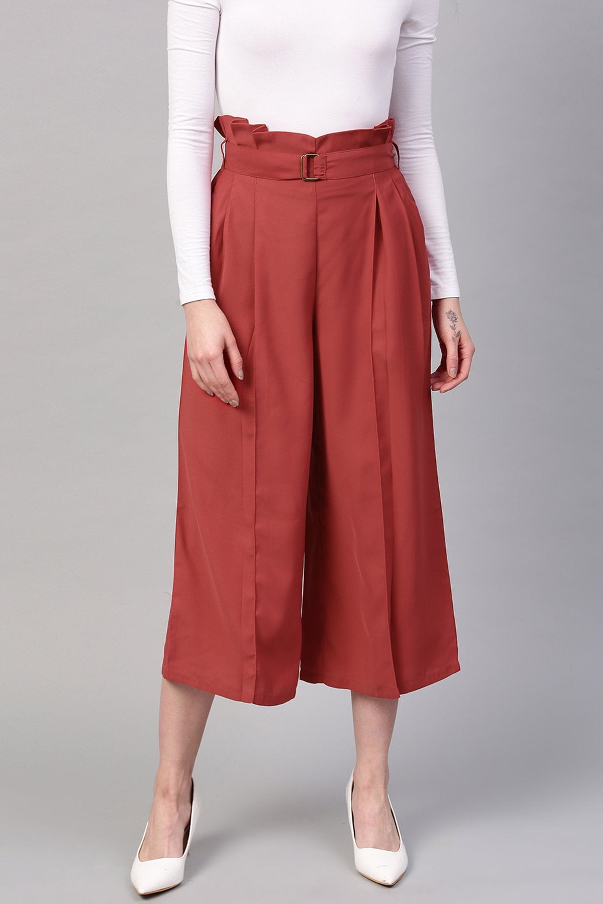 Women's Red Paper Bag Waist Culottes - SASSAFRAS