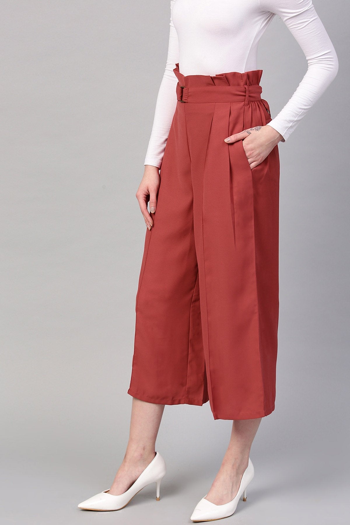 Women's Red Paper Bag Waist Culottes - SASSAFRAS