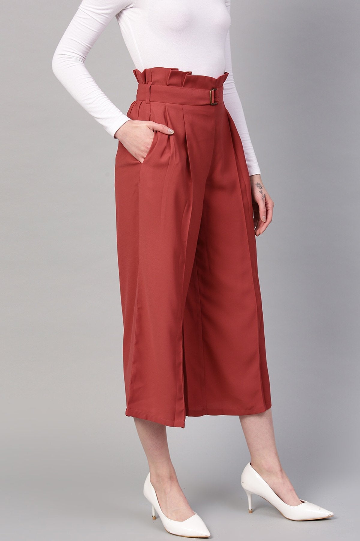 Women's Red Paper Bag Waist Culottes - SASSAFRAS