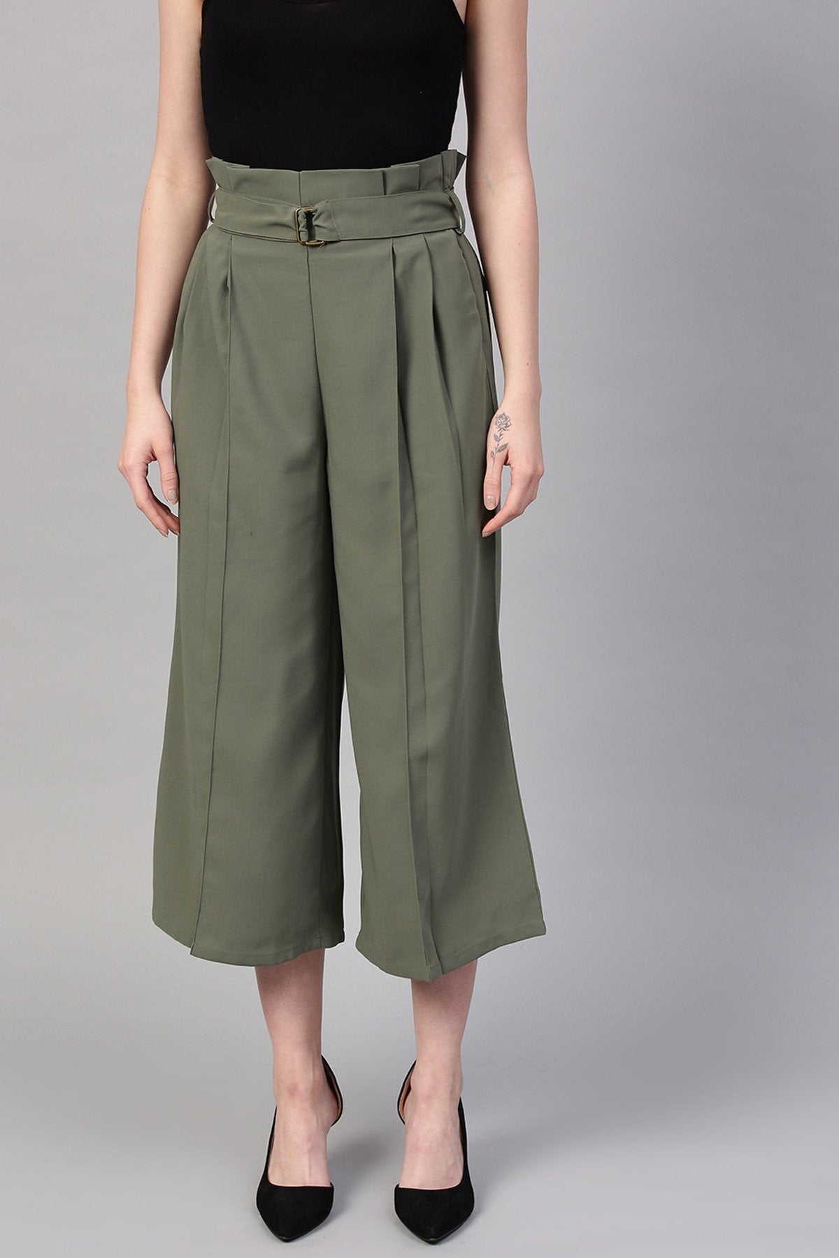 Women's Olive Paper Bag Waist Culottes - SASSAFRAS