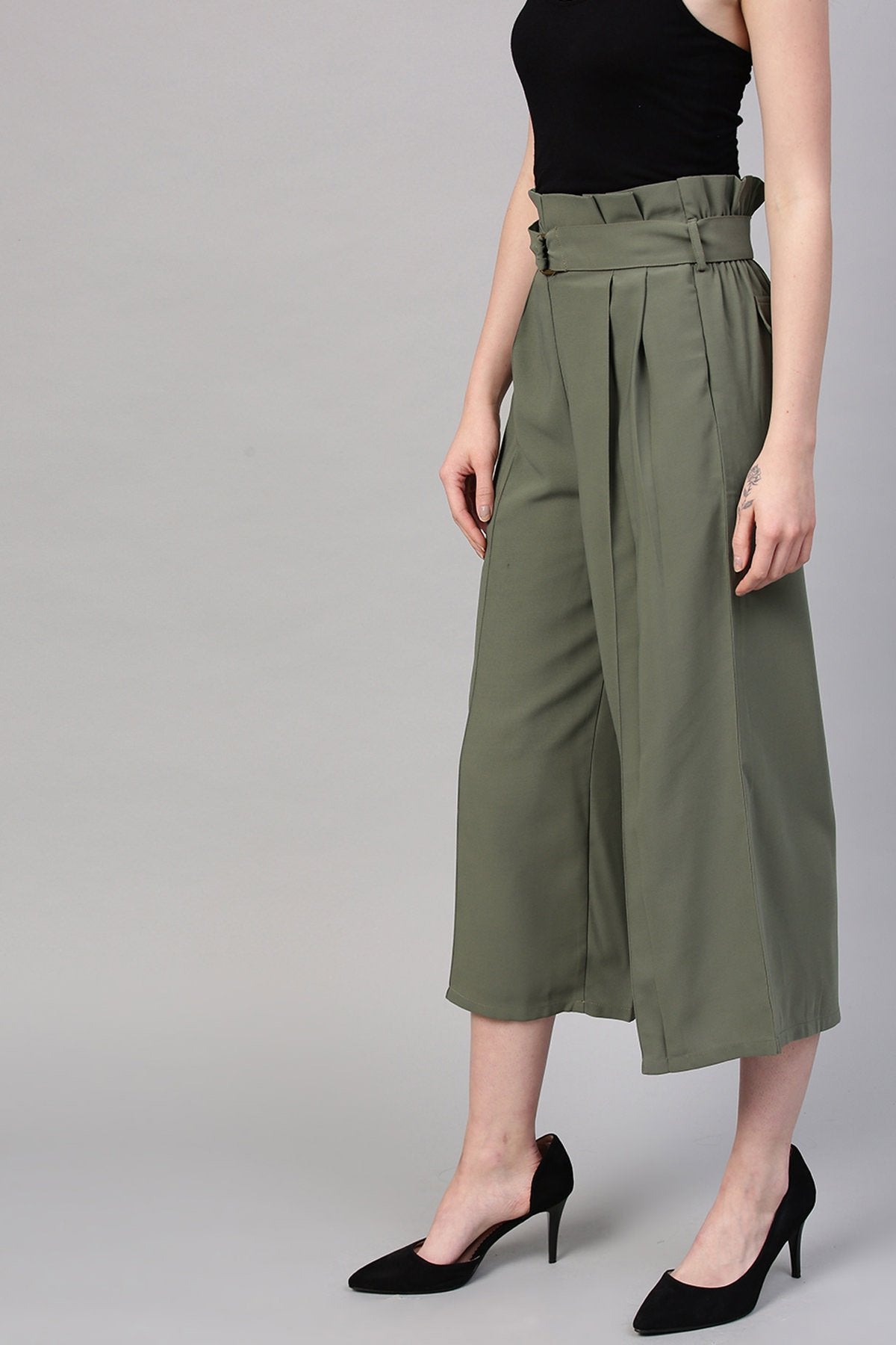 Women's Olive Paper Bag Waist Culottes - SASSAFRAS