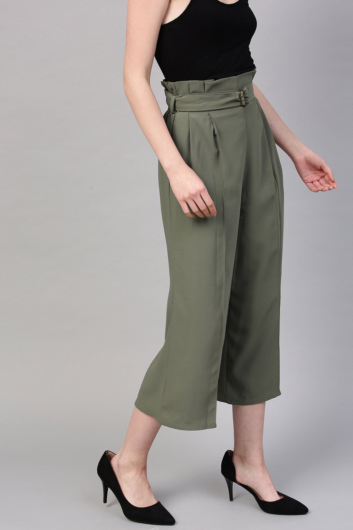 Women's Olive Paper Bag Waist Culottes - SASSAFRAS