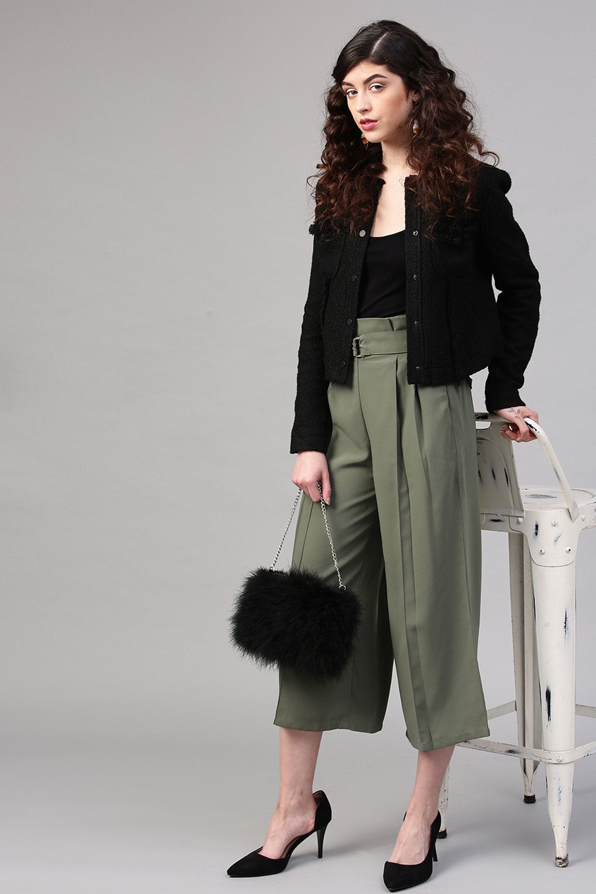 Women's Olive Paper Bag Waist Culottes - SASSAFRAS