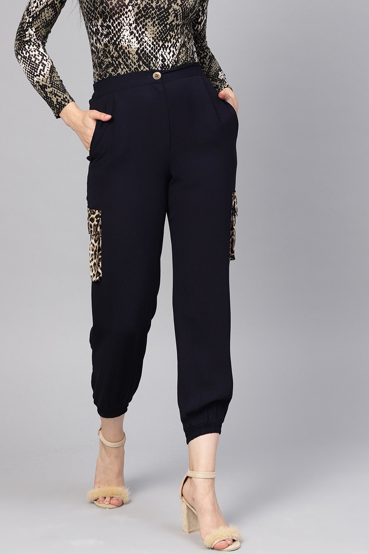 Women's Navy Solid Joggers With Patch Pocket - SASSAFRAS