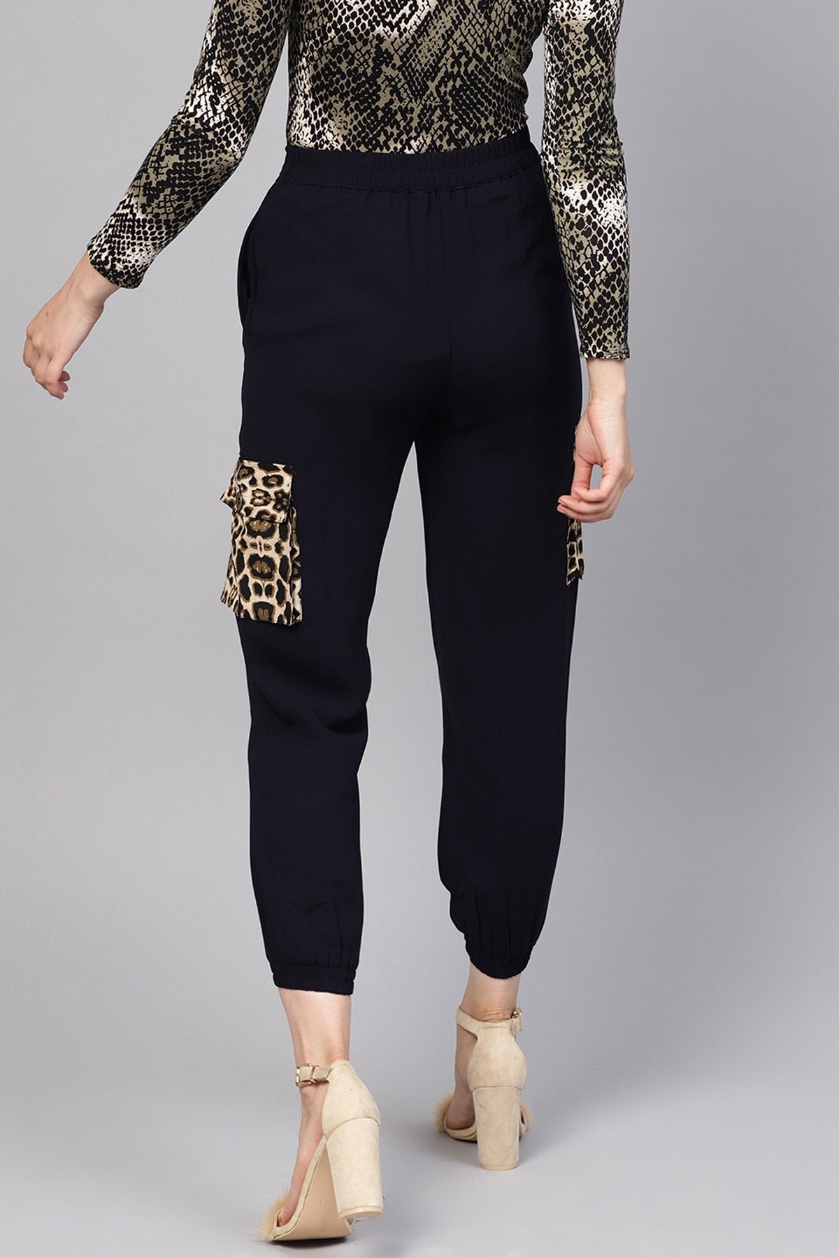 Women's Navy Solid Joggers With Patch Pocket - SASSAFRAS