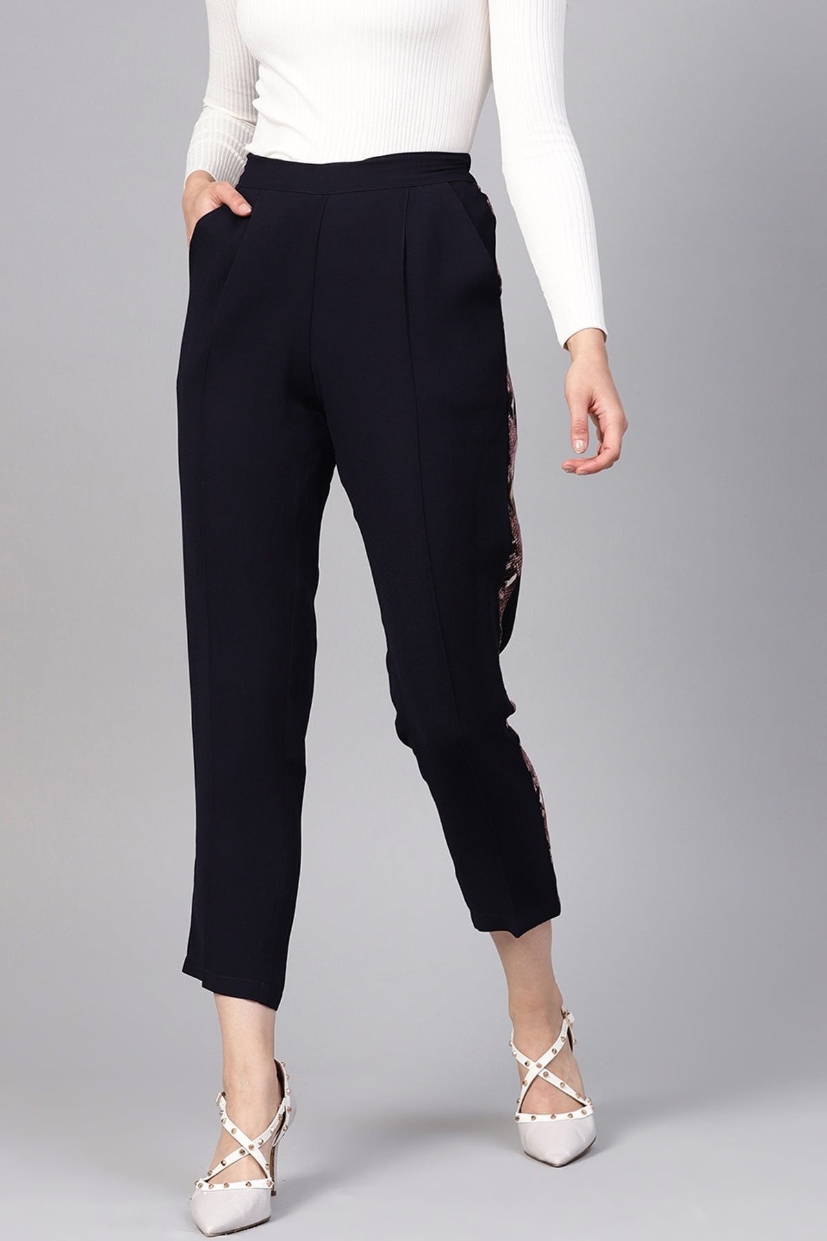 Women's Navy Solid Side Tape Peg Trousers - SASSAFRAS