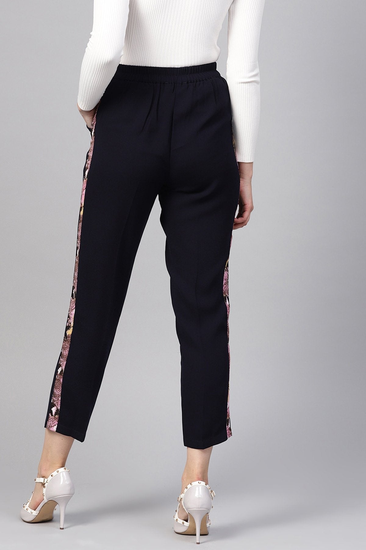 Women's Navy Solid Side Tape Peg Trousers - SASSAFRAS