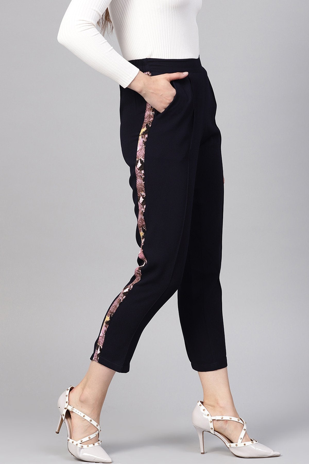 Women's Navy Solid Side Tape Peg Trousers - SASSAFRAS