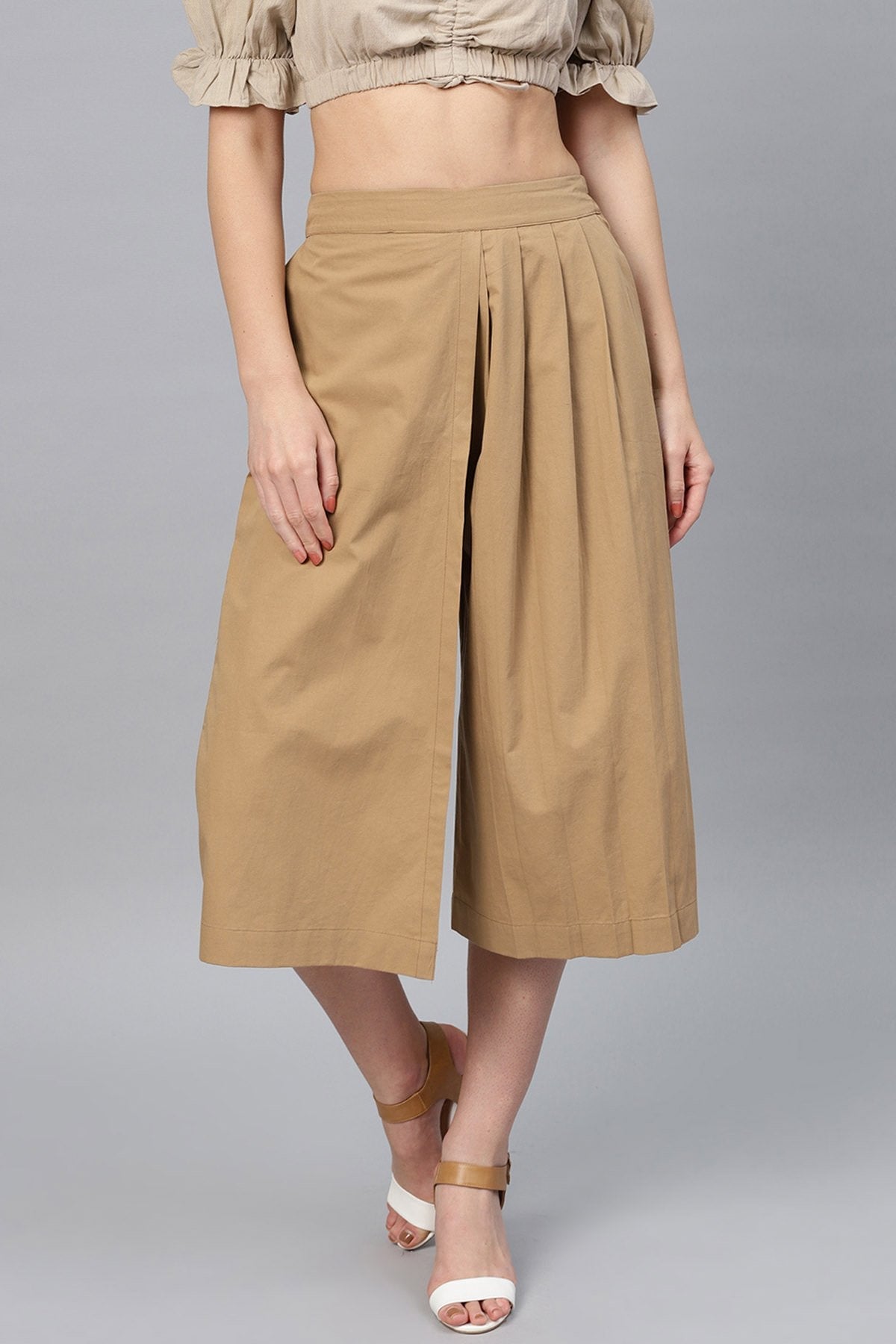 Women's Brown Side Pleated Palazzo Pants - SASSAFRAS