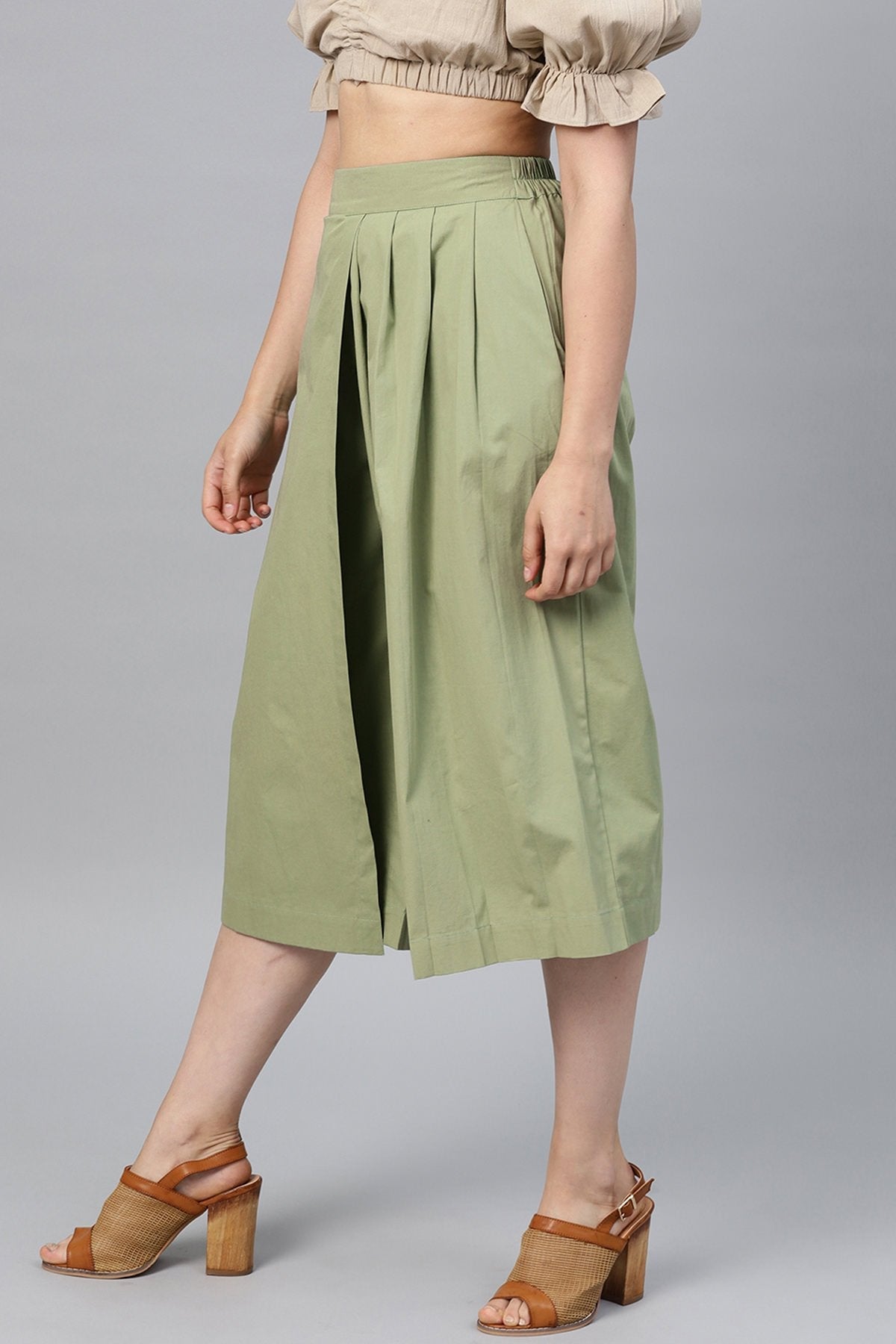 Women's Olive Side Pleated Palazzo Pants - SASSAFRAS