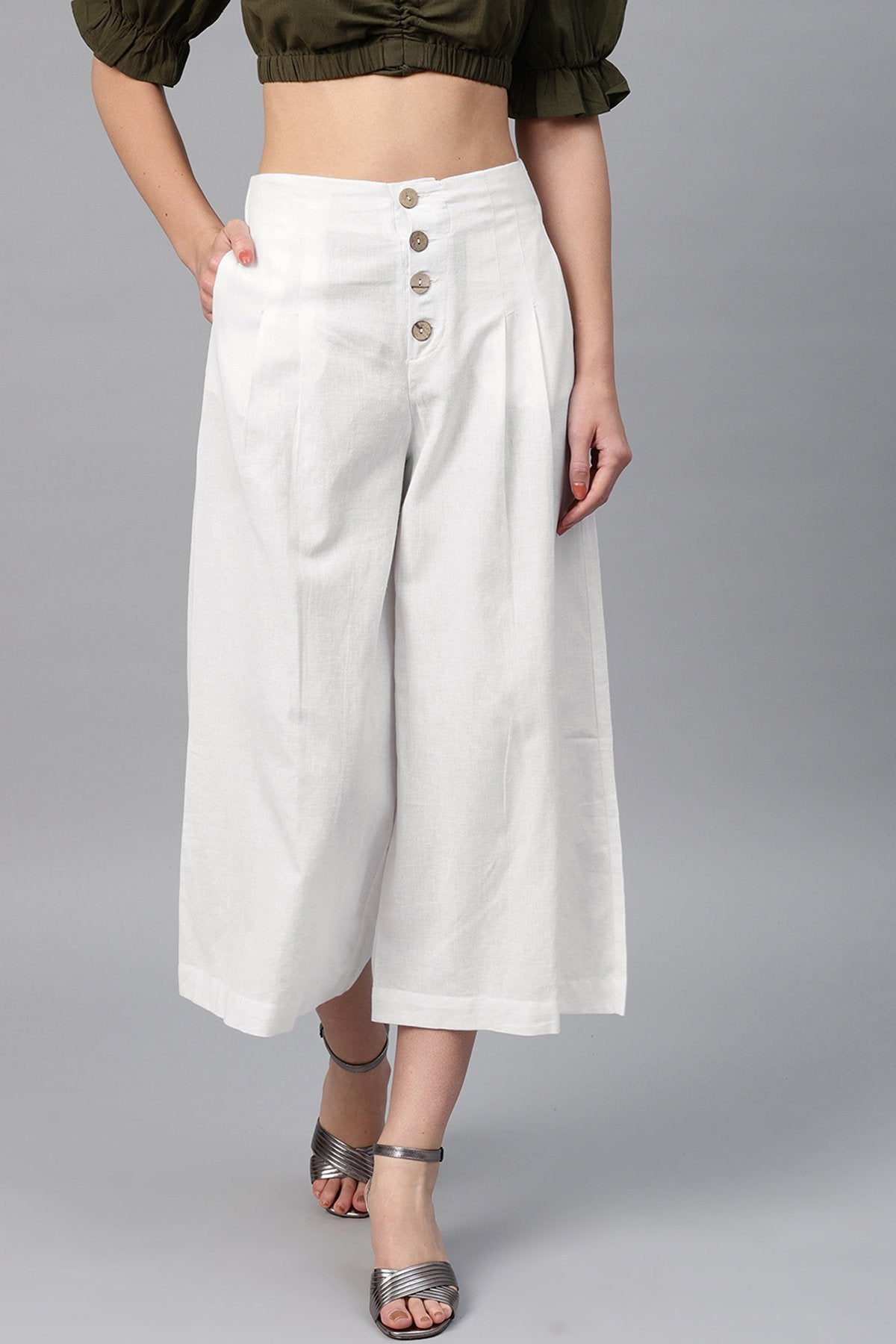 Women's White Front Button Pants - SASSAFRAS