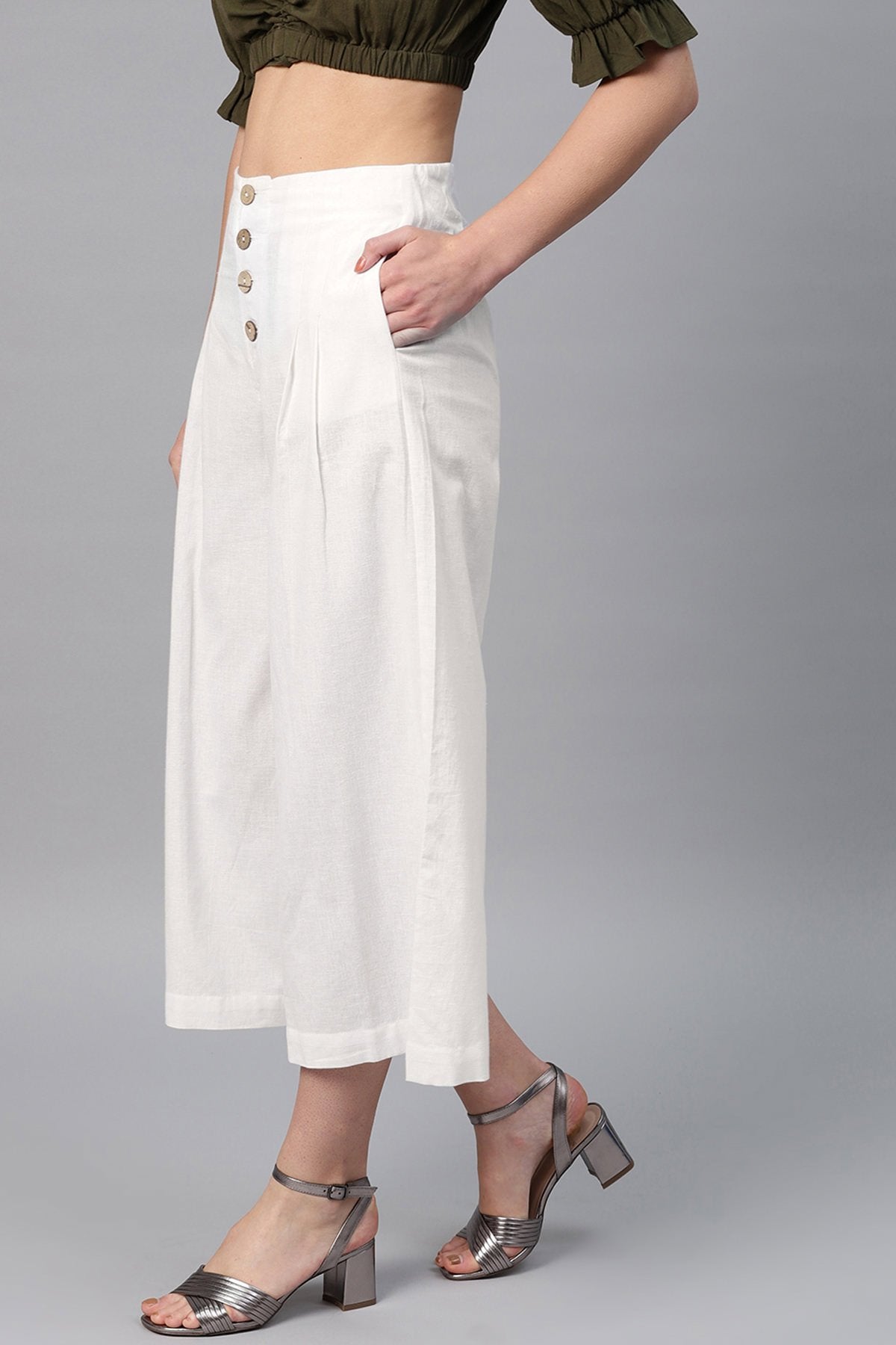 Women's White Front Button Pants - SASSAFRAS